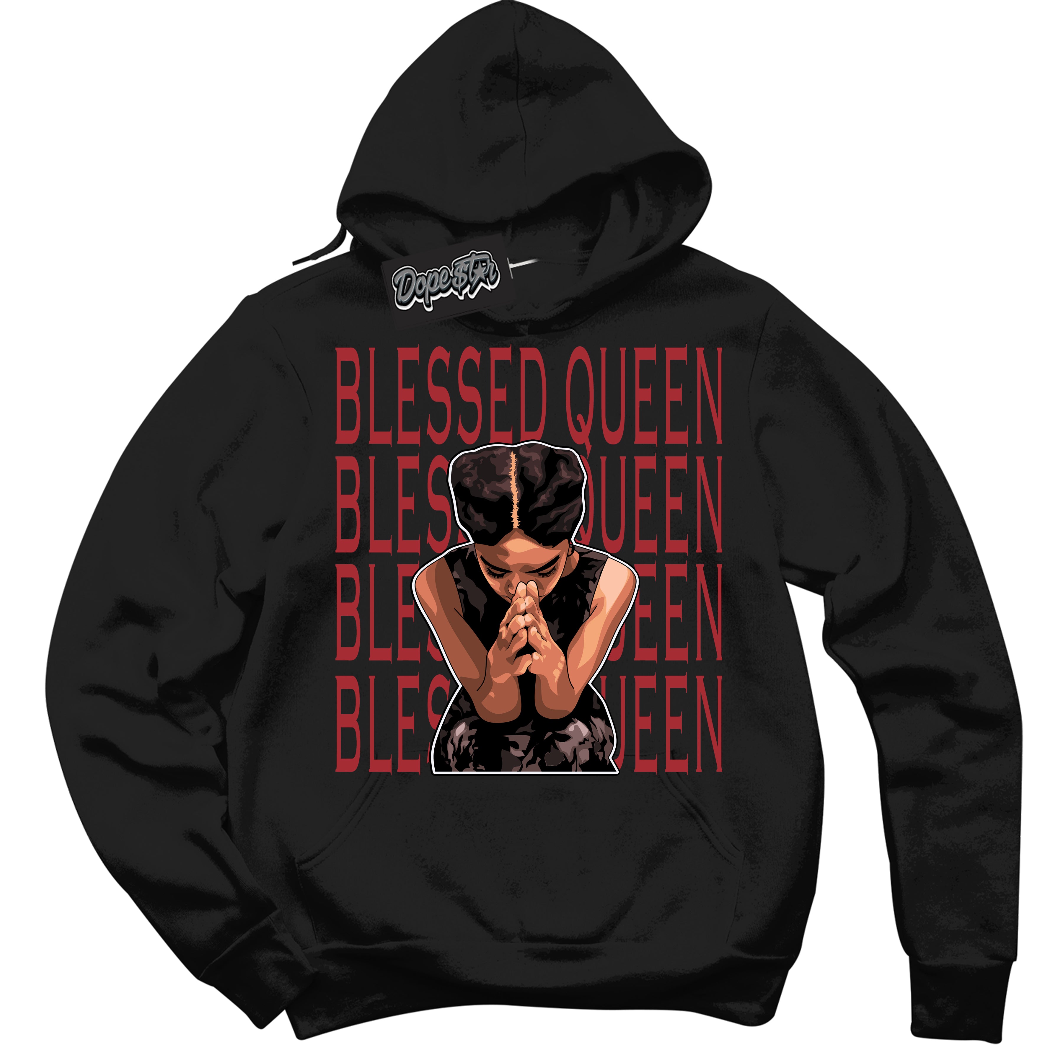 Dunk Low Black Toe Bright Crimson 'Blessed Queen' Hoodie – Black Streetwear Sweatshirt | Sneaker Matching Hoodie for Dunk Low Black Toe Bright Crimson | Men's & Women's Streetwear Outfit by Sneaker Shirts Outlet.