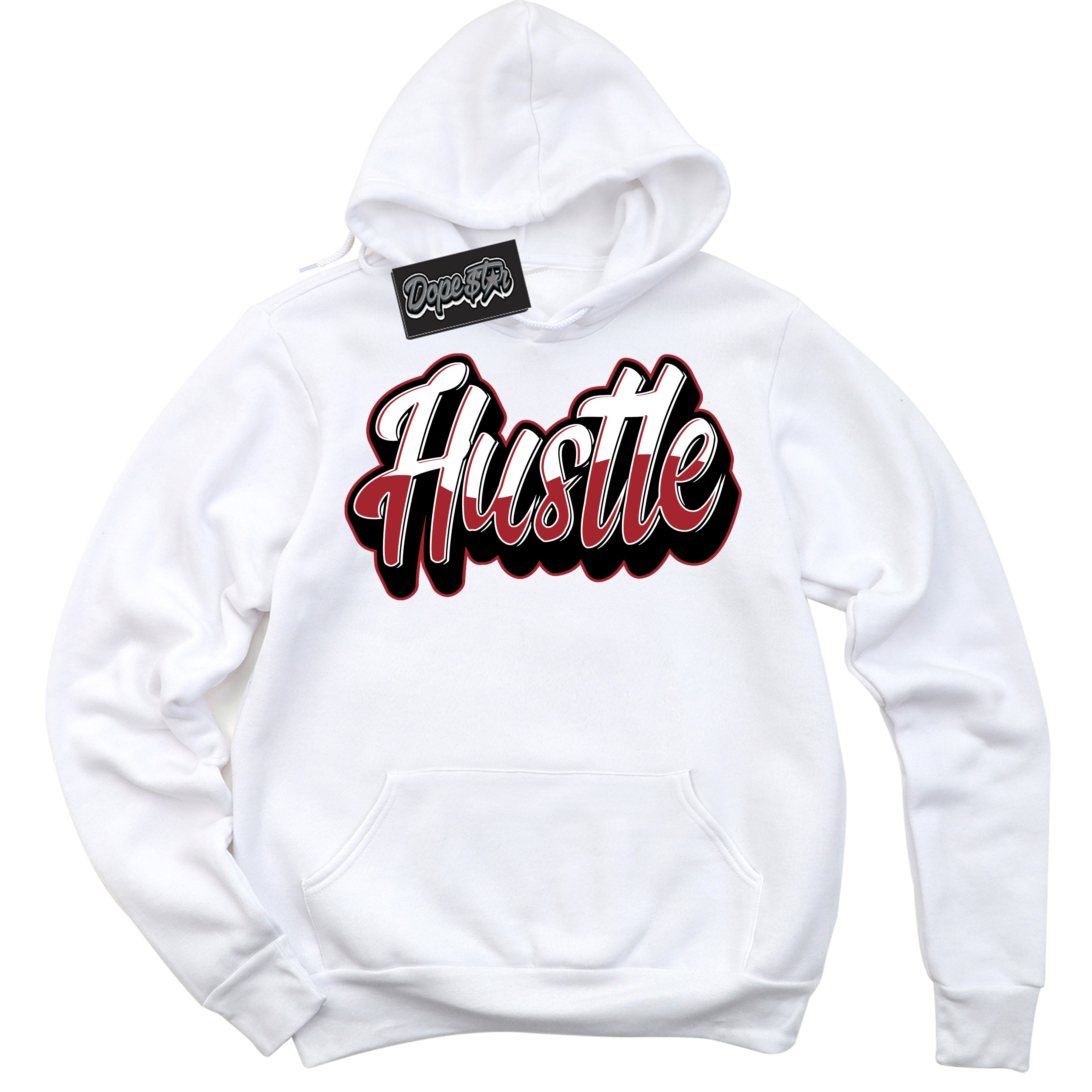 Dunk Low Black Toe Bright Crimson 'Hustle' Hoodie – White Streetwear Sweatshirt | Sneaker Matching Hoodie for Dunk Low Black Toe Bright Crimson | Men's & Women's Streetwear Outfit by Sneaker Shirts Outlet.