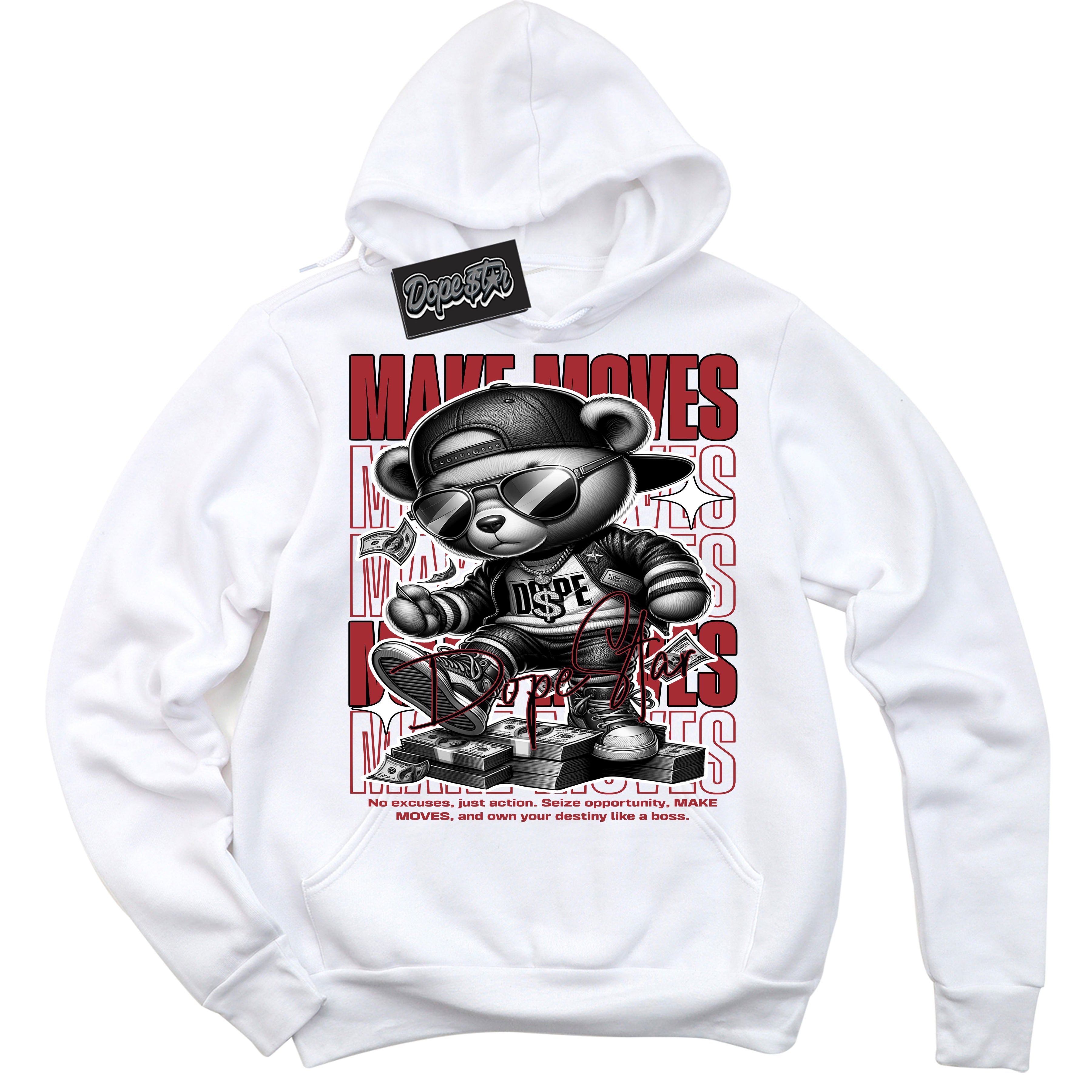 Dunk Low Black Toe Bright Crimson 'Make Moves' Hoodie – White Streetwear Sweatshirt | Sneaker Matching Hoodie for Dunk Low Black Toe Bright Crimson | Men's & Women's Streetwear Outfit by Sneaker Shirts Outlet.