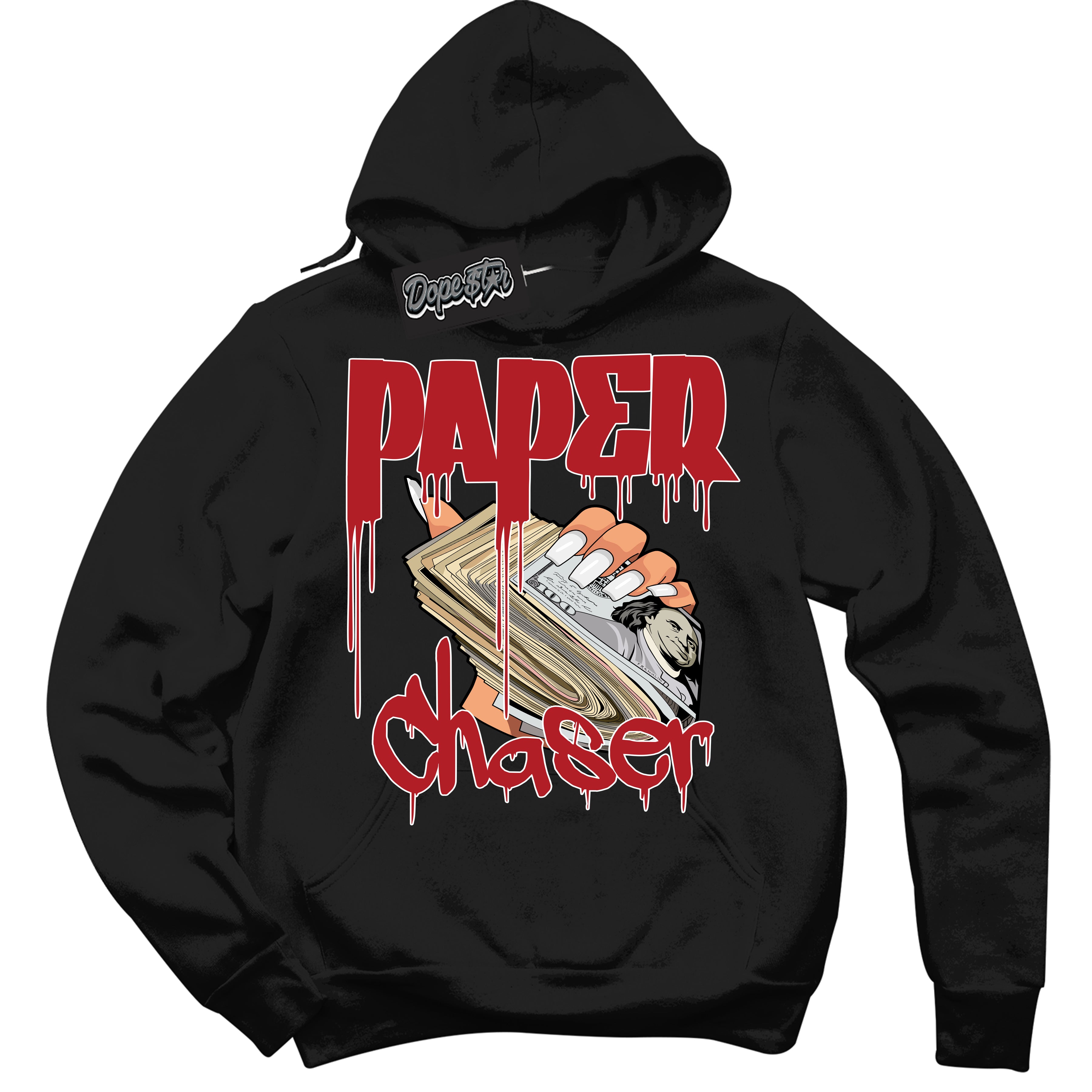 Dunk Low Black Toe Bright Crimson 'Paper Chaser' Hoodie – Black Streetwear Sweatshirt | Sneaker Matching Hoodie for Dunk Low Black Toe Bright Crimson | Men's & Women's Streetwear Outfit by Sneaker Shirts Outlet.