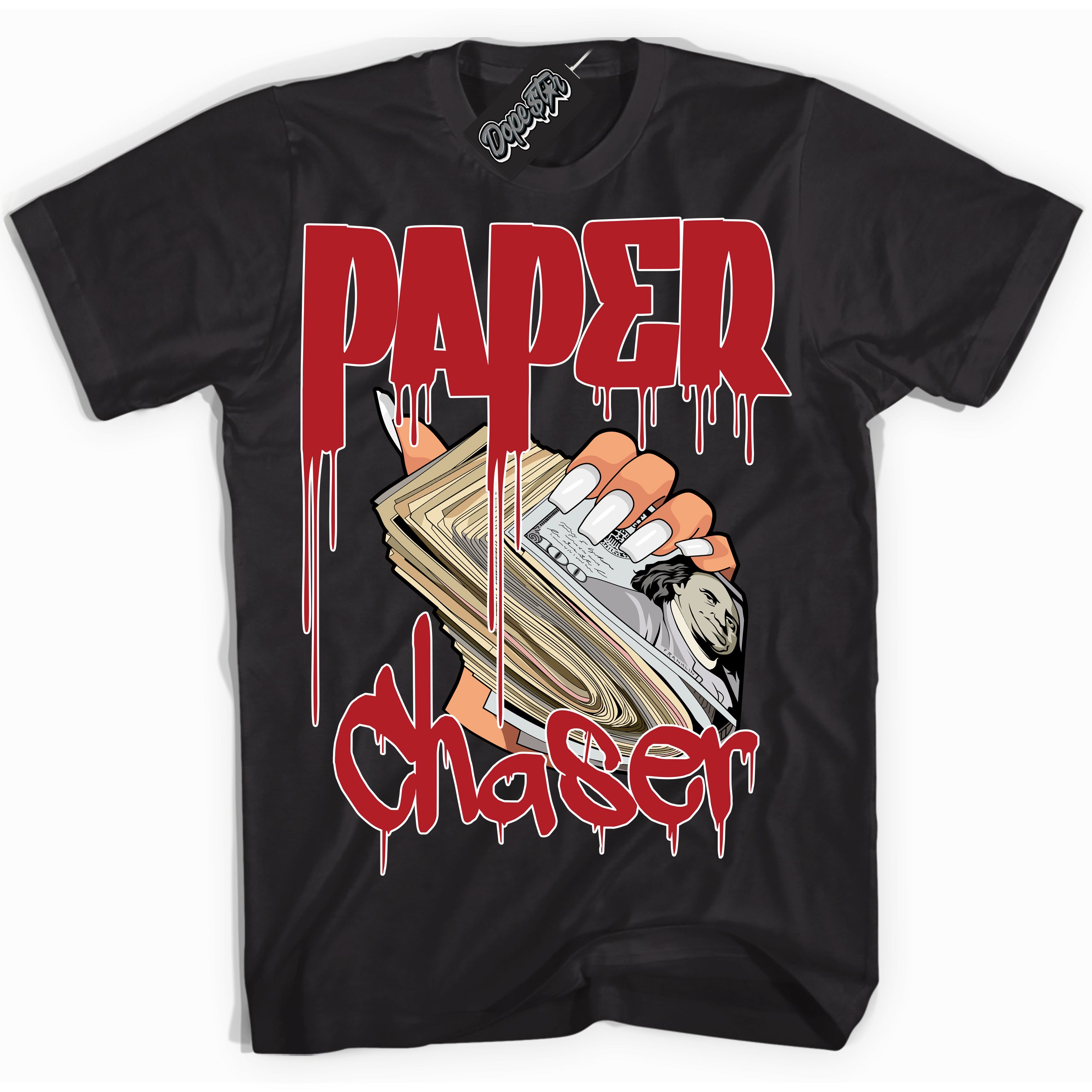 Dunk Low Black Toe Bright Crimson 'Paper Chaser' Shirt – Black Streetwear T-Shirt | Sneaker Matching Tee for Dunk Low Black Toe Bright Crimson | Men's & Women's Streetwear Outfit by Sneaker Shirts Outlet.