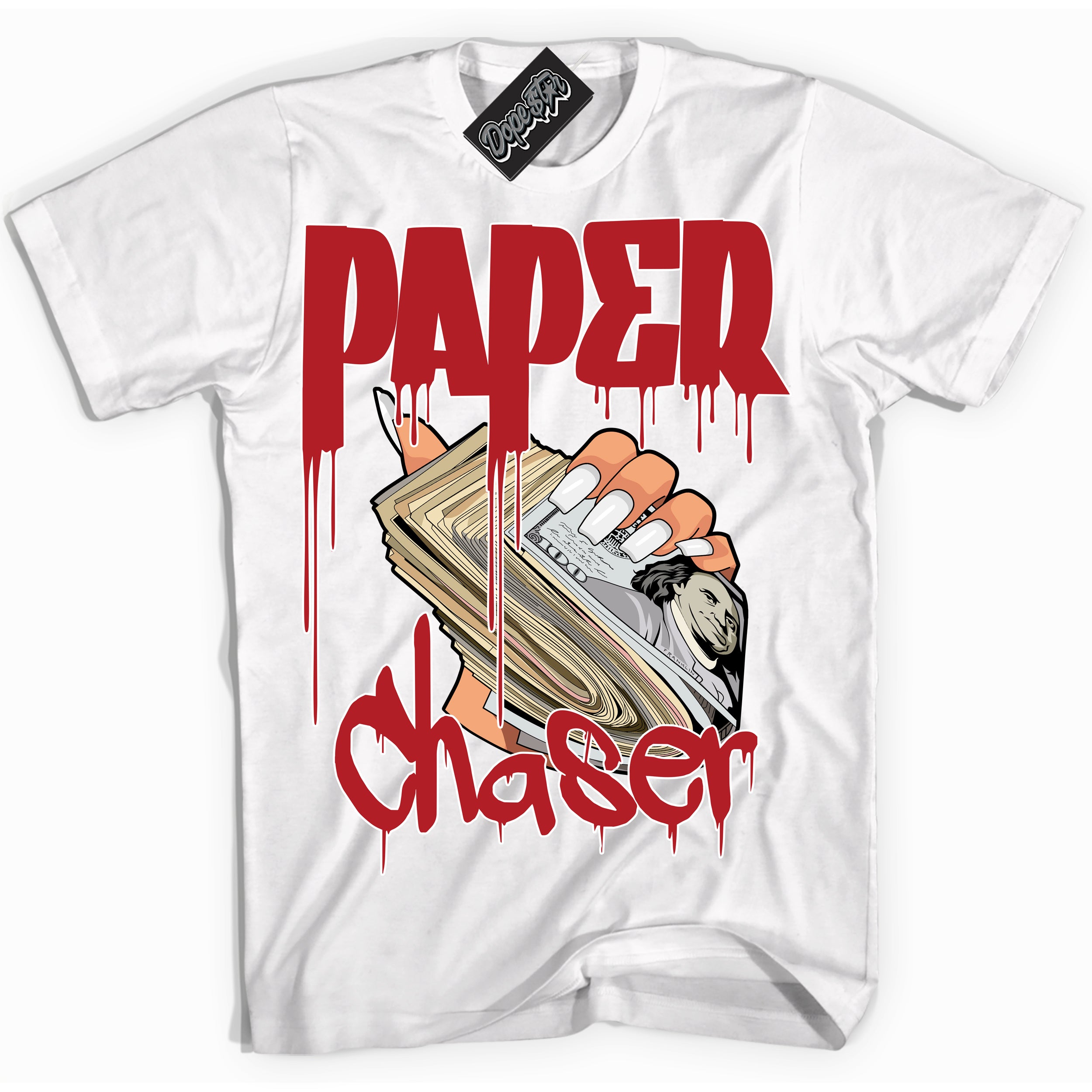 Dunk Low Black Toe Bright Crimson 'Paper Chaser' Shirt – White Streetwear T-Shirt | Sneaker Matching Tee for Dunk Low Black Toe Bright Crimson | Men's & Women's Streetwear Outfit by Sneaker Shirts Outlet.