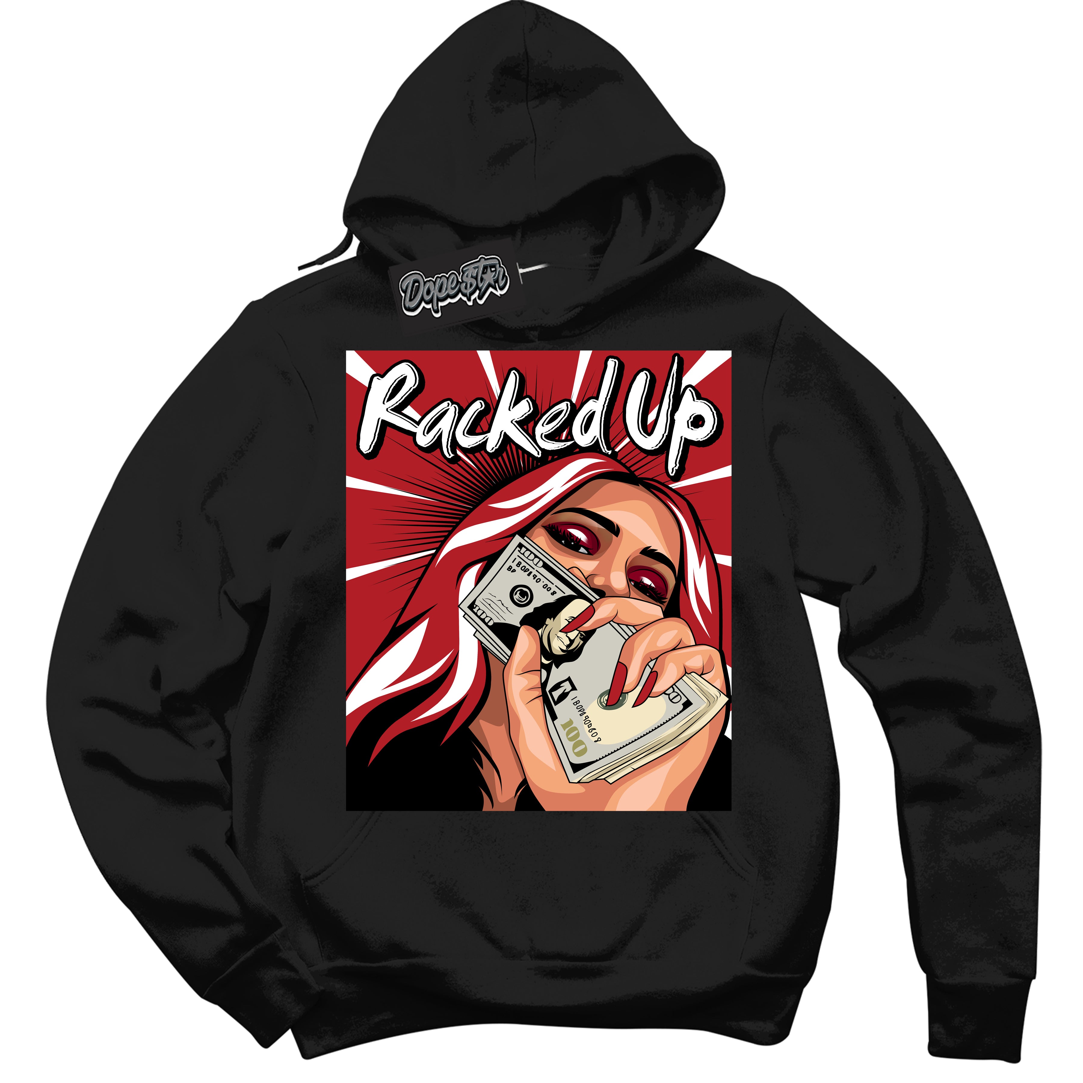 Dunk Low Black Toe Bright Crimson 'Racked Up' Hoodie – Black Streetwear Sweatshirt | Sneaker Matching Hoodie for Dunk Low Black Toe Bright Crimson | Men's & Women's Streetwear Outfit by Sneaker Shirts Outlet.