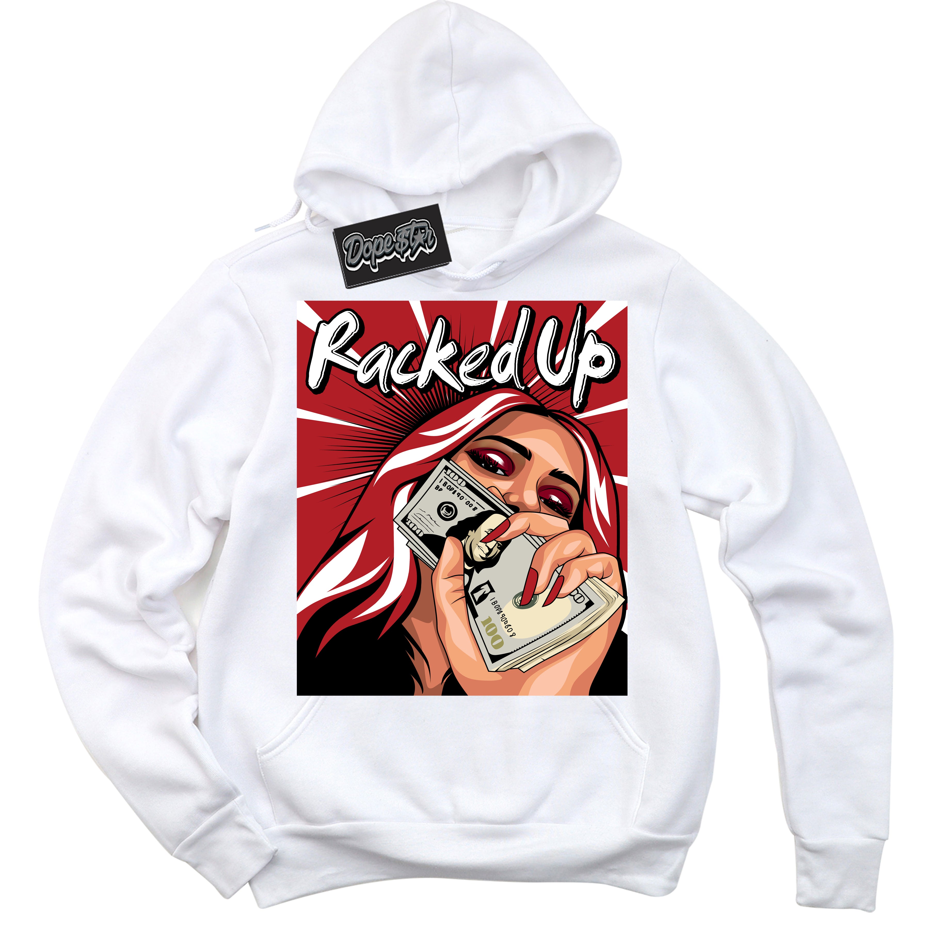 Dunk Low Black Toe Bright Crimson 'Racked Up' Hoodie – White Streetwear Sweatshirt | Sneaker Matching Hoodie for Dunk Low Black Toe Bright Crimson | Men's & Women's Streetwear Outfit by Sneaker Shirts Outlet.