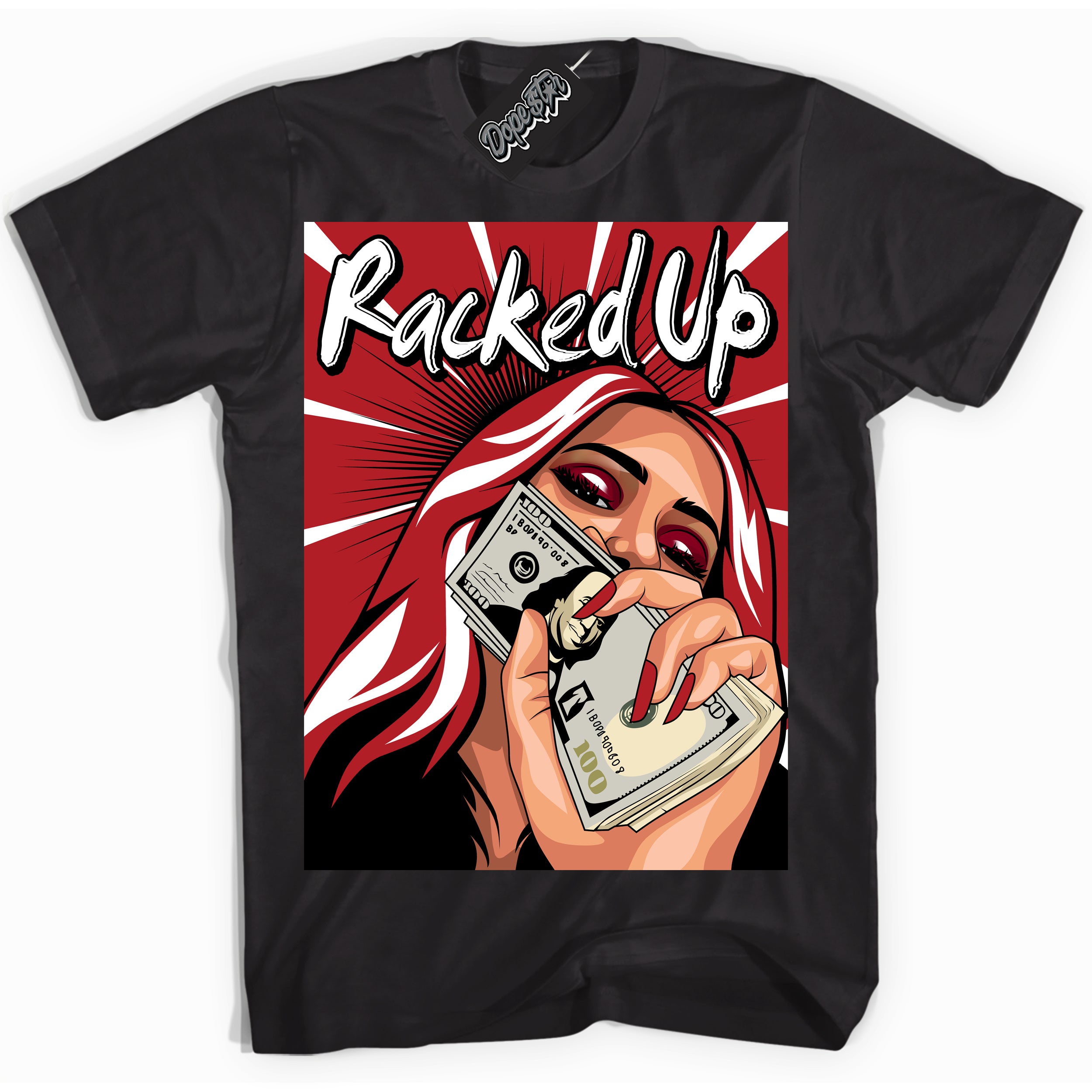 Dunk Low Black Toe Bright Crimson 'Racked Up' Shirt – Black Streetwear T-Shirt | Sneaker Matching Tee for Dunk Low Black Toe Bright Crimson | Men's & Women's Streetwear Outfit by Sneaker Shirts Outlet.