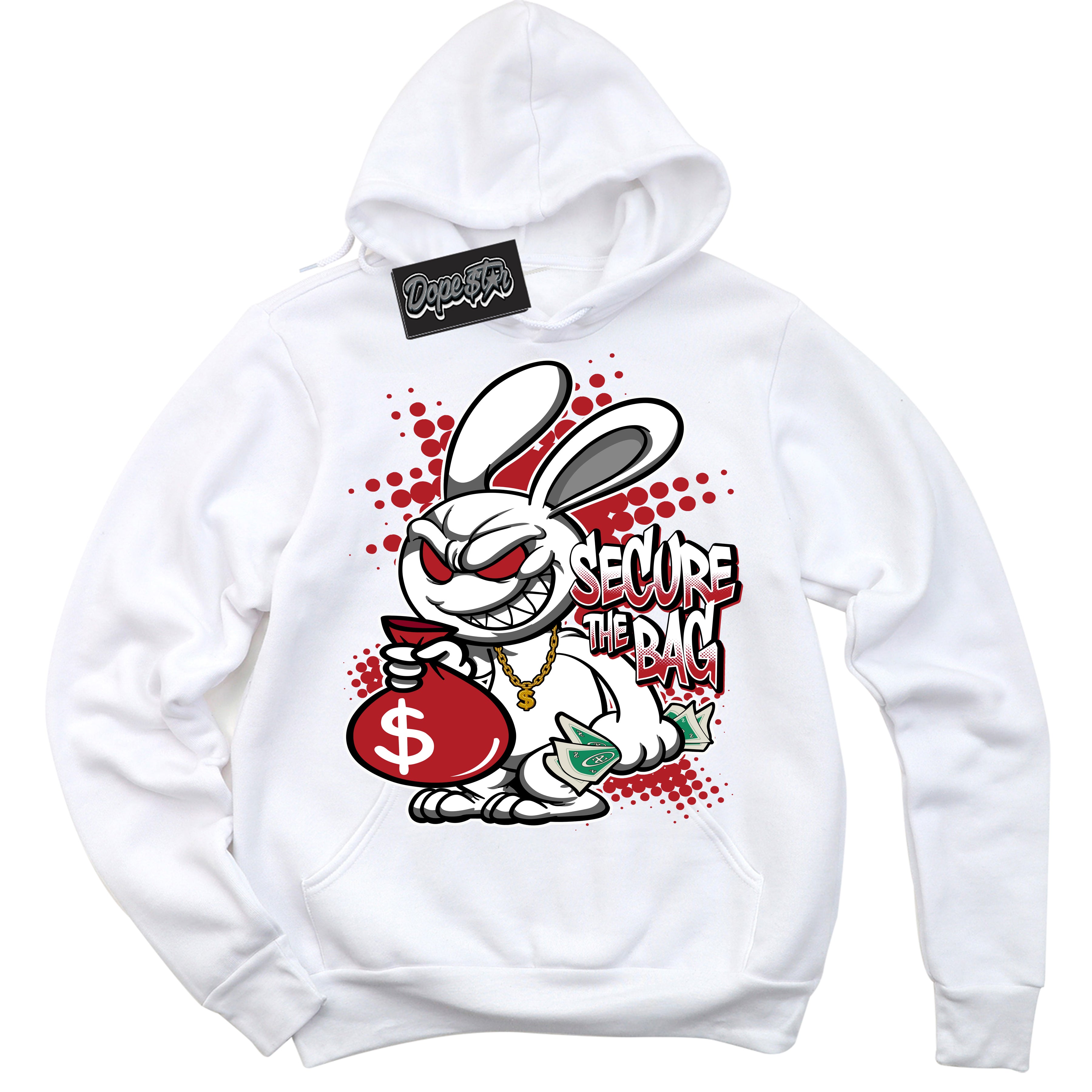Dunk Low Black Toe Bright Crimson 'Secure The Bag' Hoodie – White Streetwear Sweatshirt | Sneaker Matching Hoodie for Dunk Low Black Toe Bright Crimson | Men's & Women's Streetwear Outfit by Sneaker Shirts Outlet.
