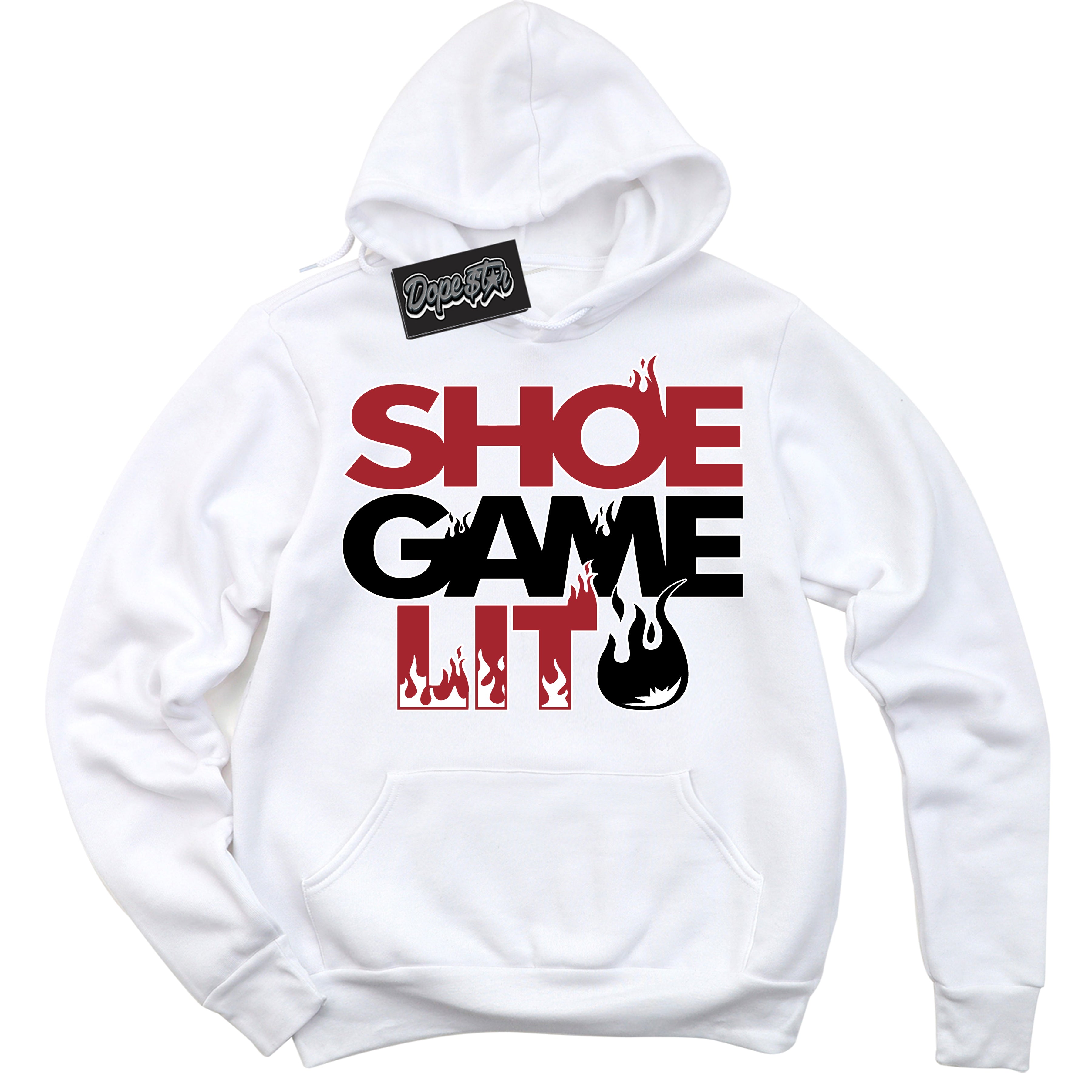 Dunk Low Black Toe Bright Crimson 'Shoe Game Lit' Hoodie – White Streetwear Sweatshirt | Sneaker Matching Hoodie for Dunk Low Black Toe Bright Crimson | Men's & Women's Streetwear Outfit by Sneaker Shirts Outlet.