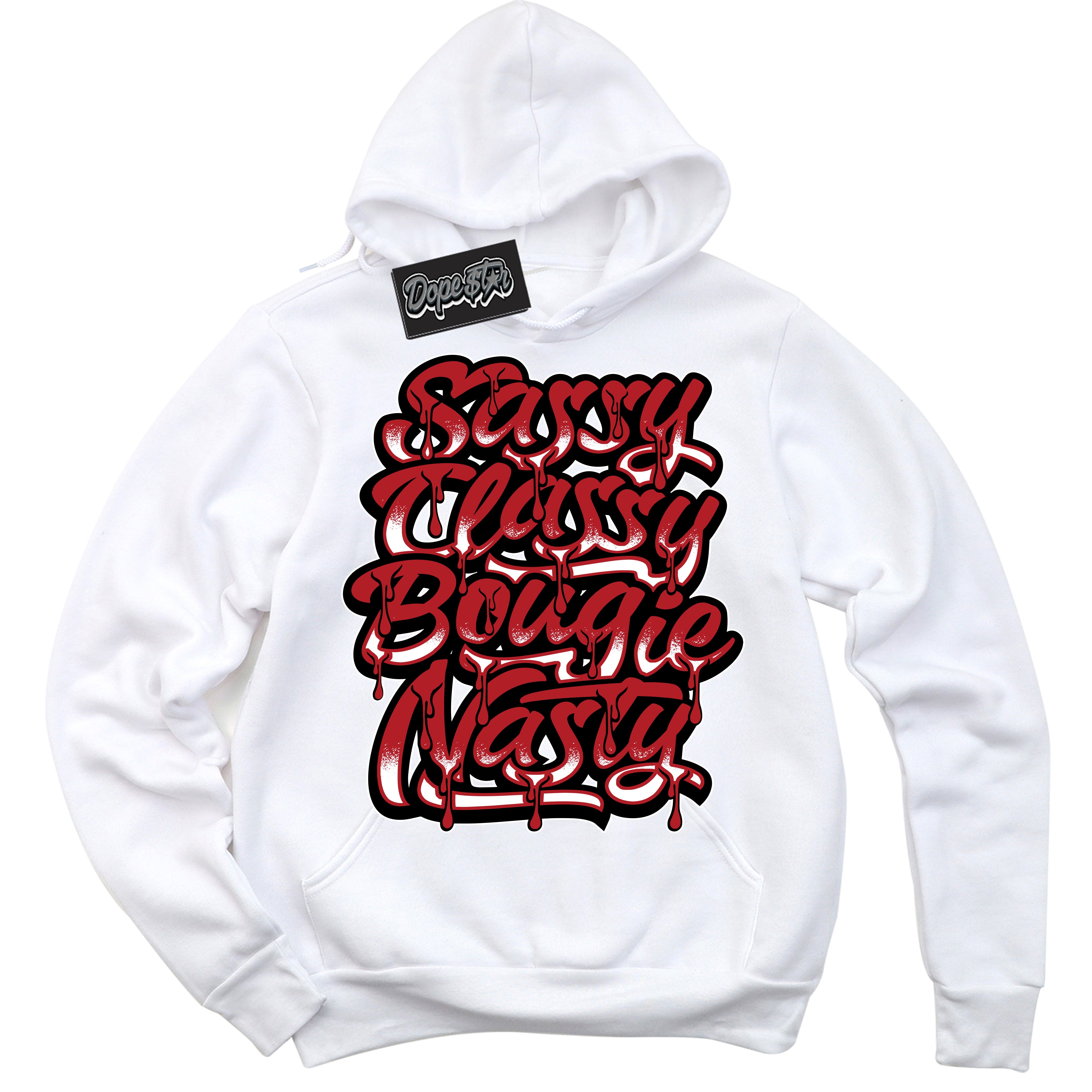Dunk Low Black Toe Bright Crimson 'Sassy Classy' Hoodie – White Streetwear Sweatshirt | Sneaker Matching Hoodie for Dunk Low Black Toe Bright Crimson | Men's & Women's Streetwear Outfit by Sneaker Shirts Outlet.