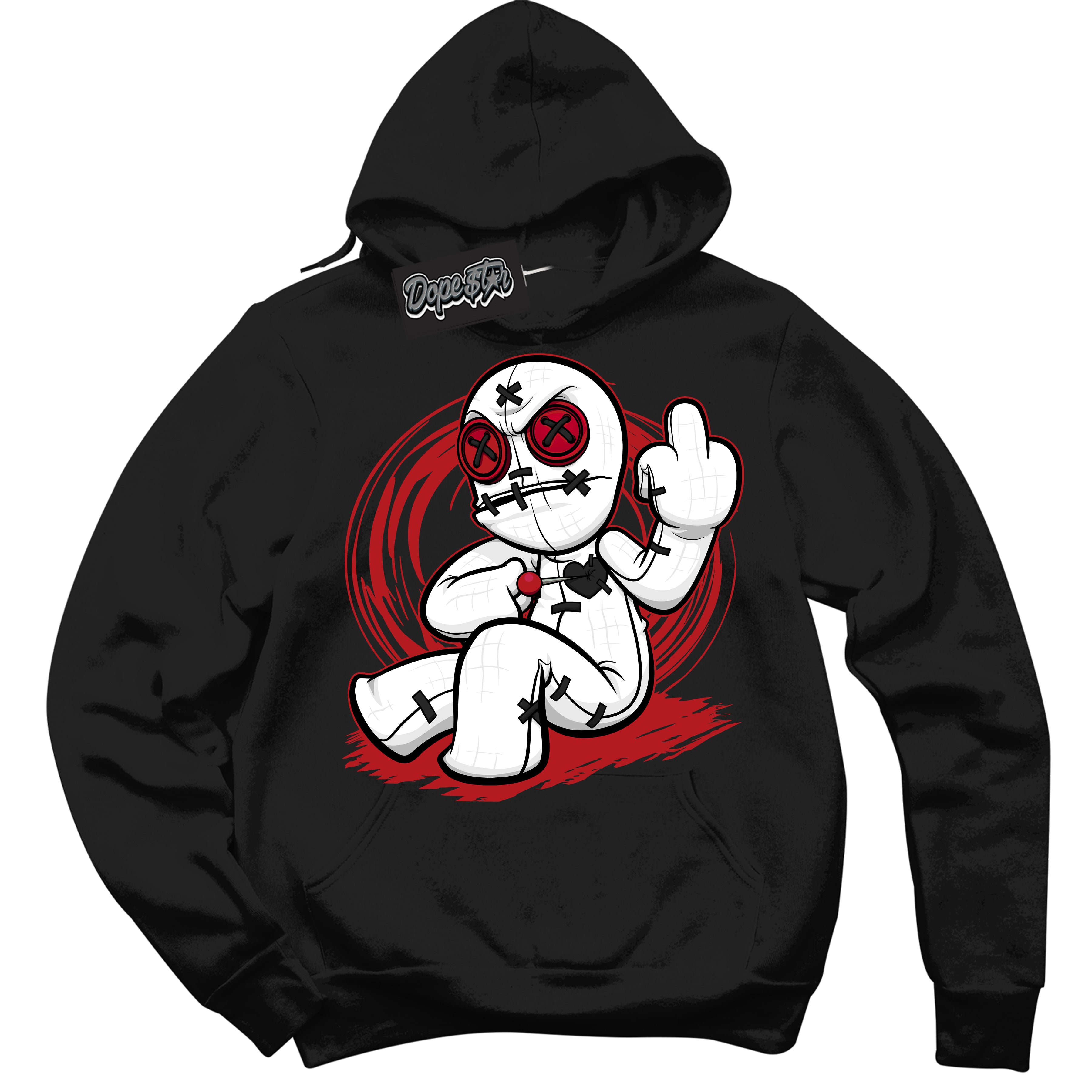 Dunk Low Black Toe Bright Crimson 'Voodoo Doll' Hoodie – Black Streetwear Sweatshirt | Sneaker Matching Hoodie for Dunk Low Black Toe Bright Crimson | Men's & Women's Streetwear Outfit by Sneaker Shirts Outlet.