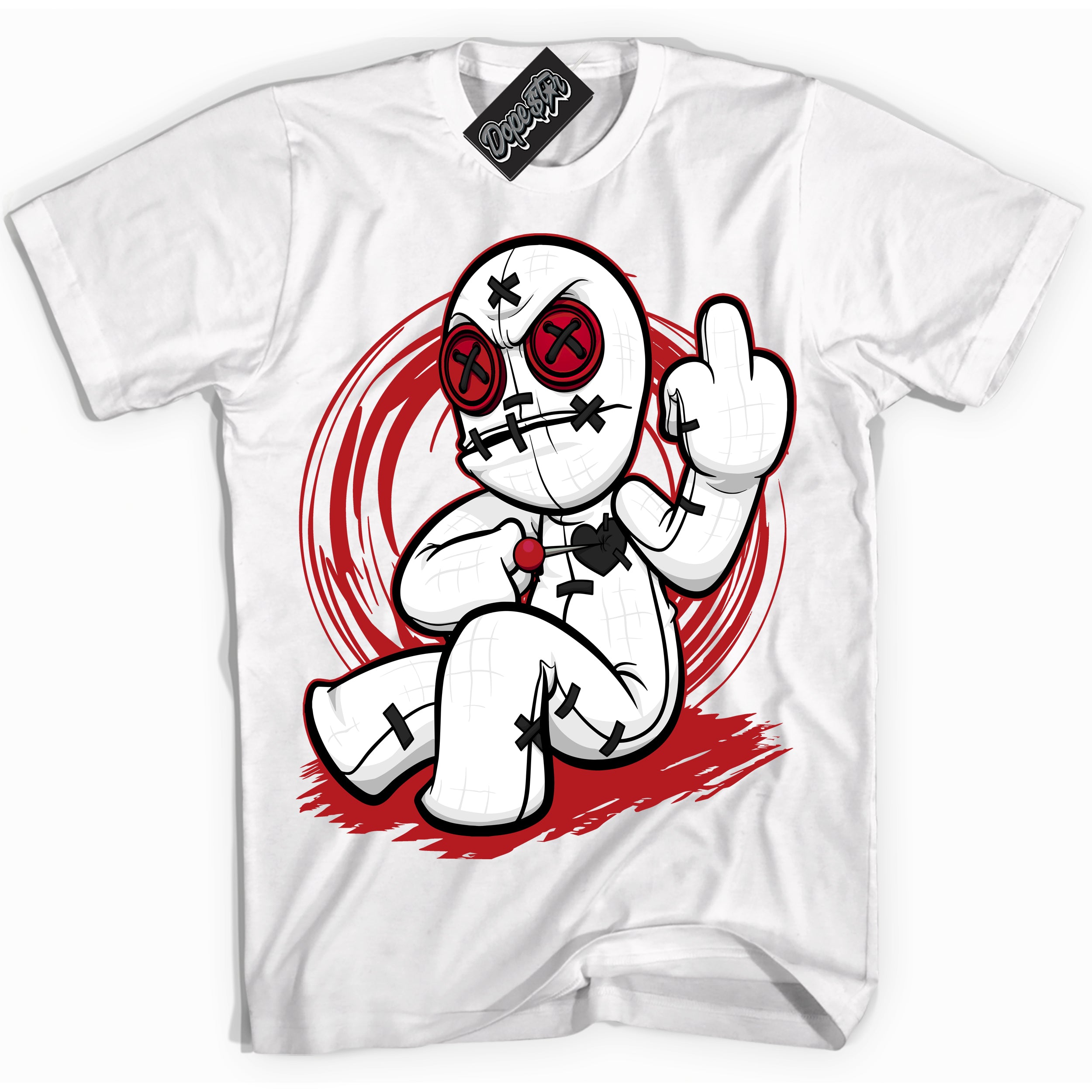 Dunk Low Black Toe Bright Crimson 'Voodoo Doll' Shirt – White Streetwear T-Shirt | Sneaker Matching Tee for Dunk Low Black Toe Bright Crimson | Men's & Women's Streetwear Outfit by Sneaker Shirts Outlet.
