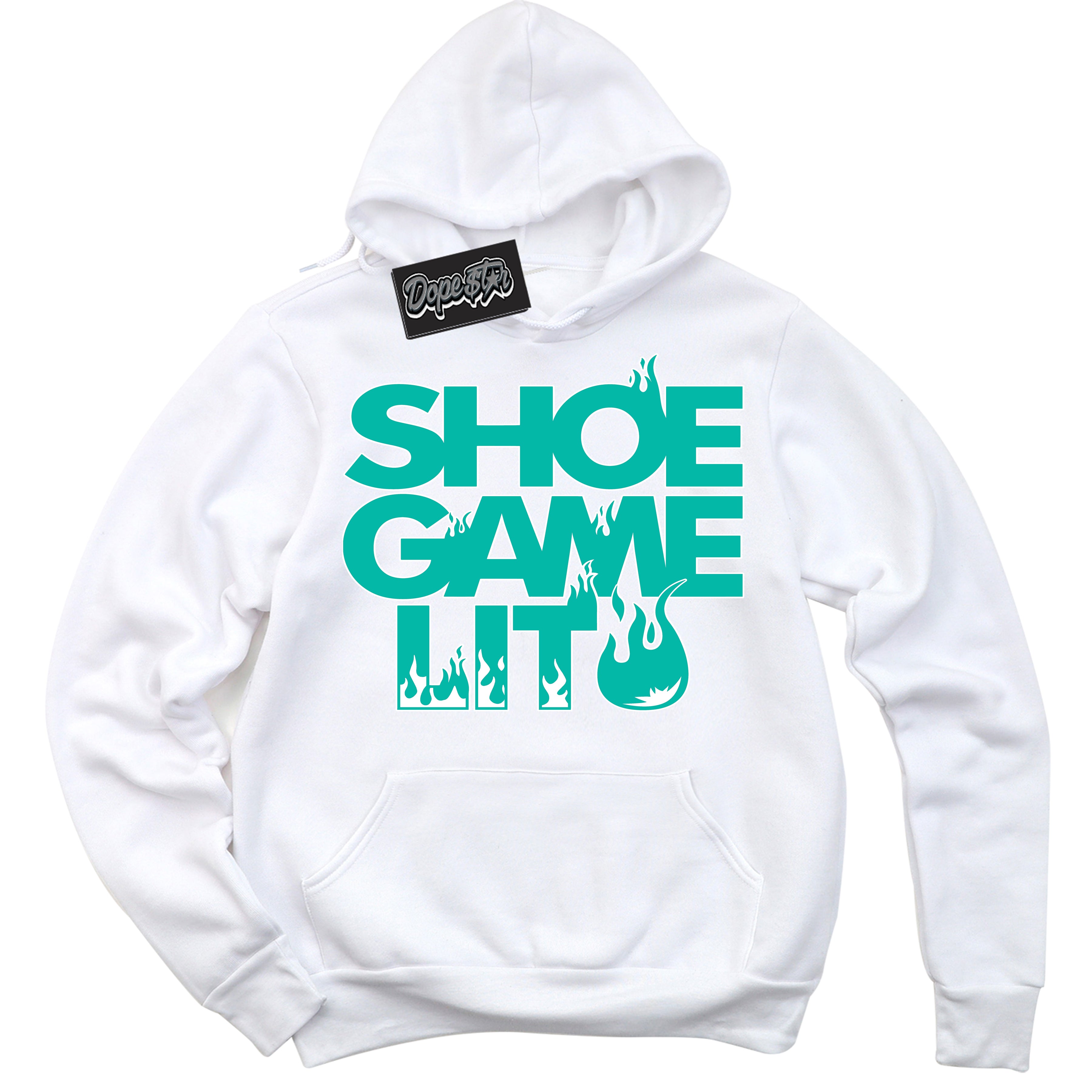 Cool White Hoodie with “ Shoe Game Lit '' design that Perfectly Matches Clear Jade Sneakers.