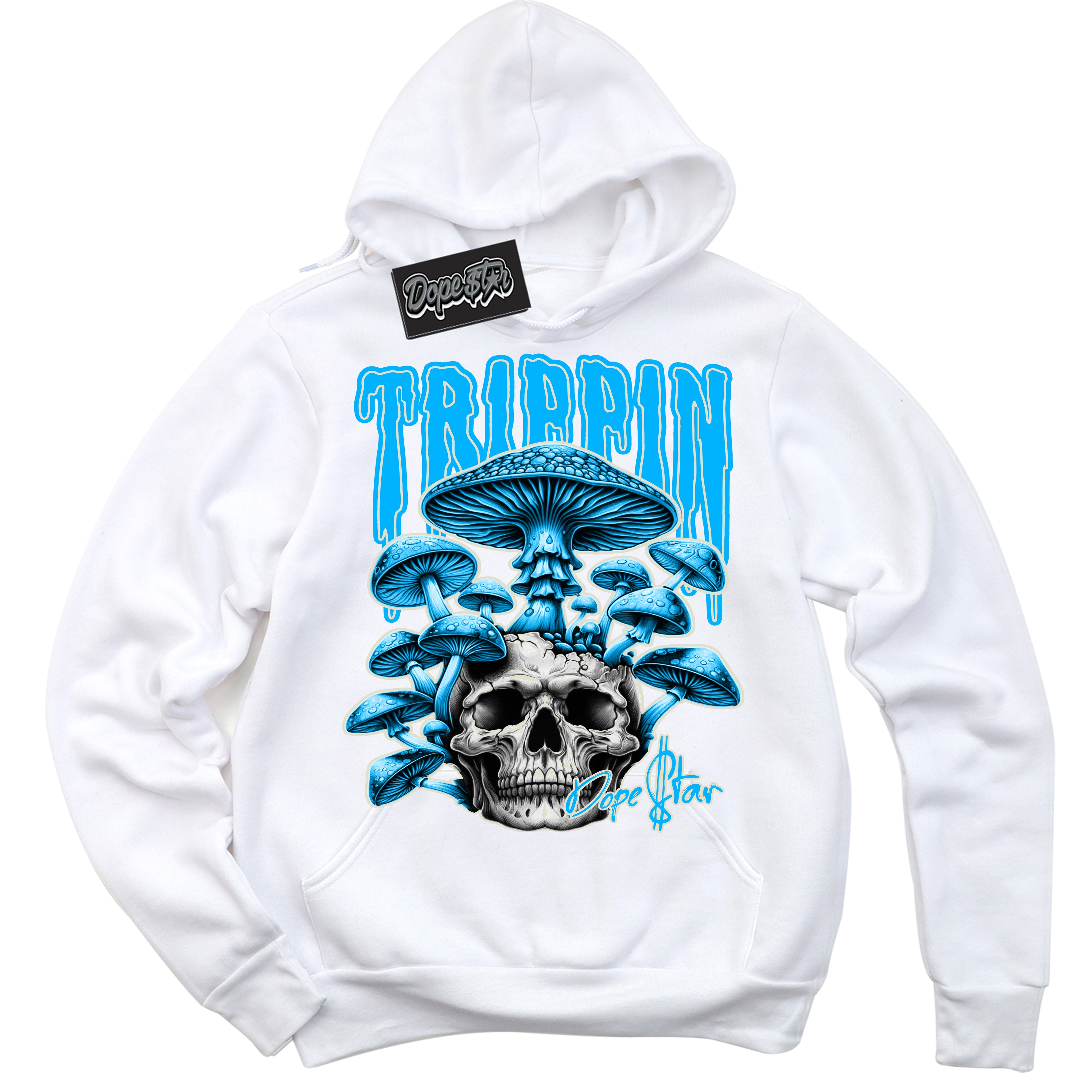 Dunk Low Coconut Milk University Blue 'Trippin' Hoodie – White Streetwear Sweatshirt | Sneaker Matching Hoodie for Dunk Low Coconut Milk University Blue | Urban Fashion for Trippin | Men's & Women's Streetwear Outfit by Sneaker Shirts Outlet.