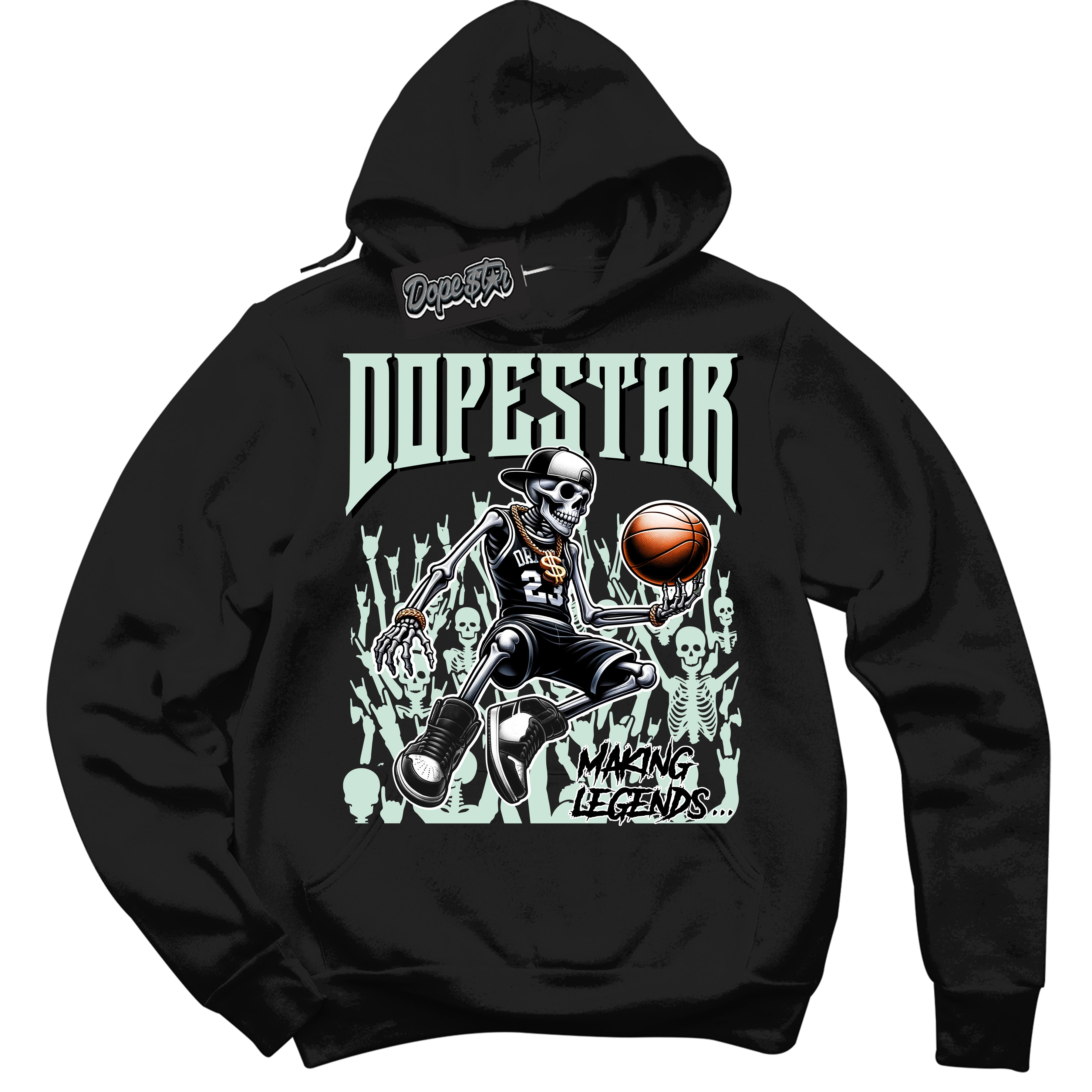Cool Black Hoodie with “ Making Legends ” design that Perfectly Matches Smoke Grey Barely Green Sneakers.