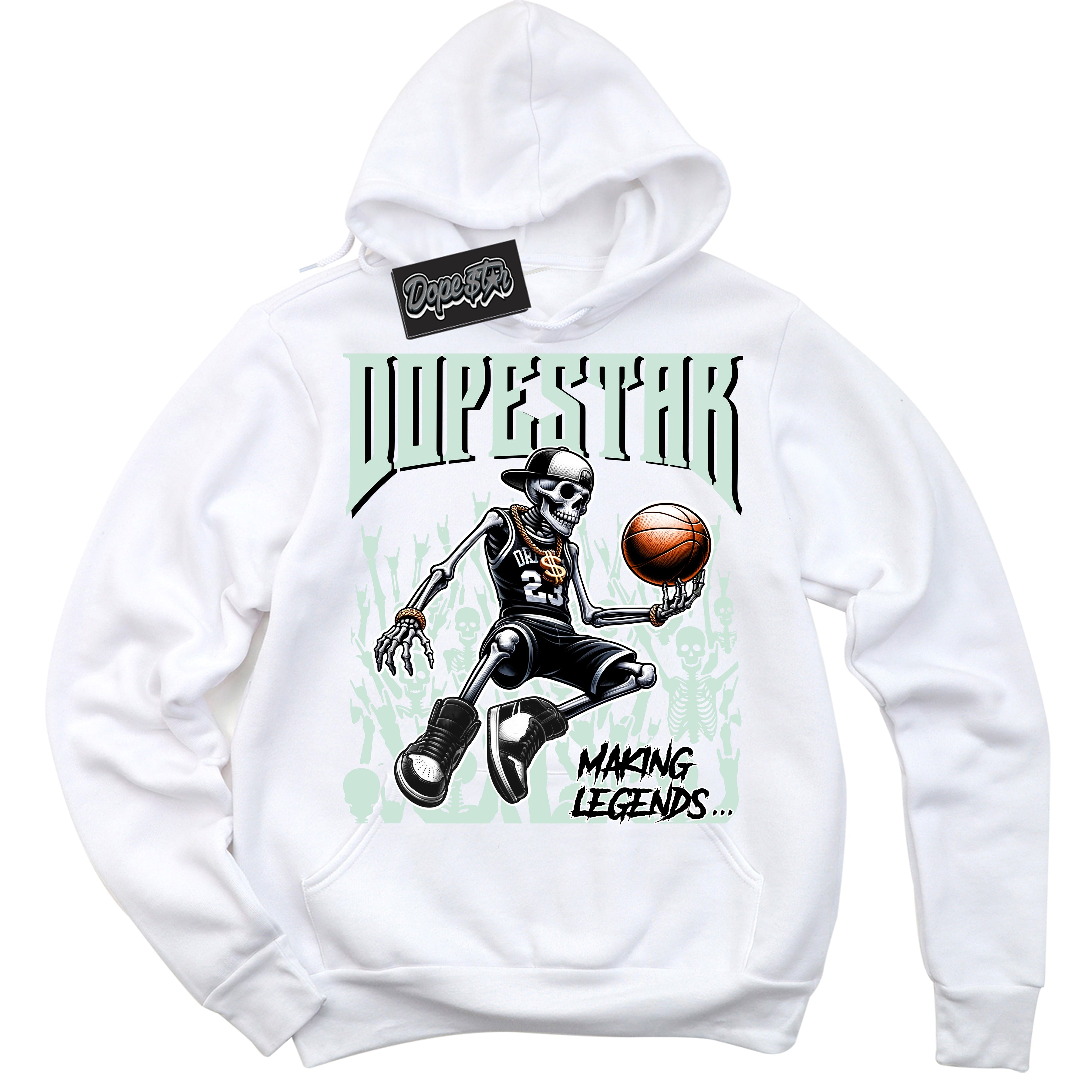 Cool White Hoodie with “ Making Legends ” design that Perfectly Matches Smoke Grey Barely Green Sneakers.