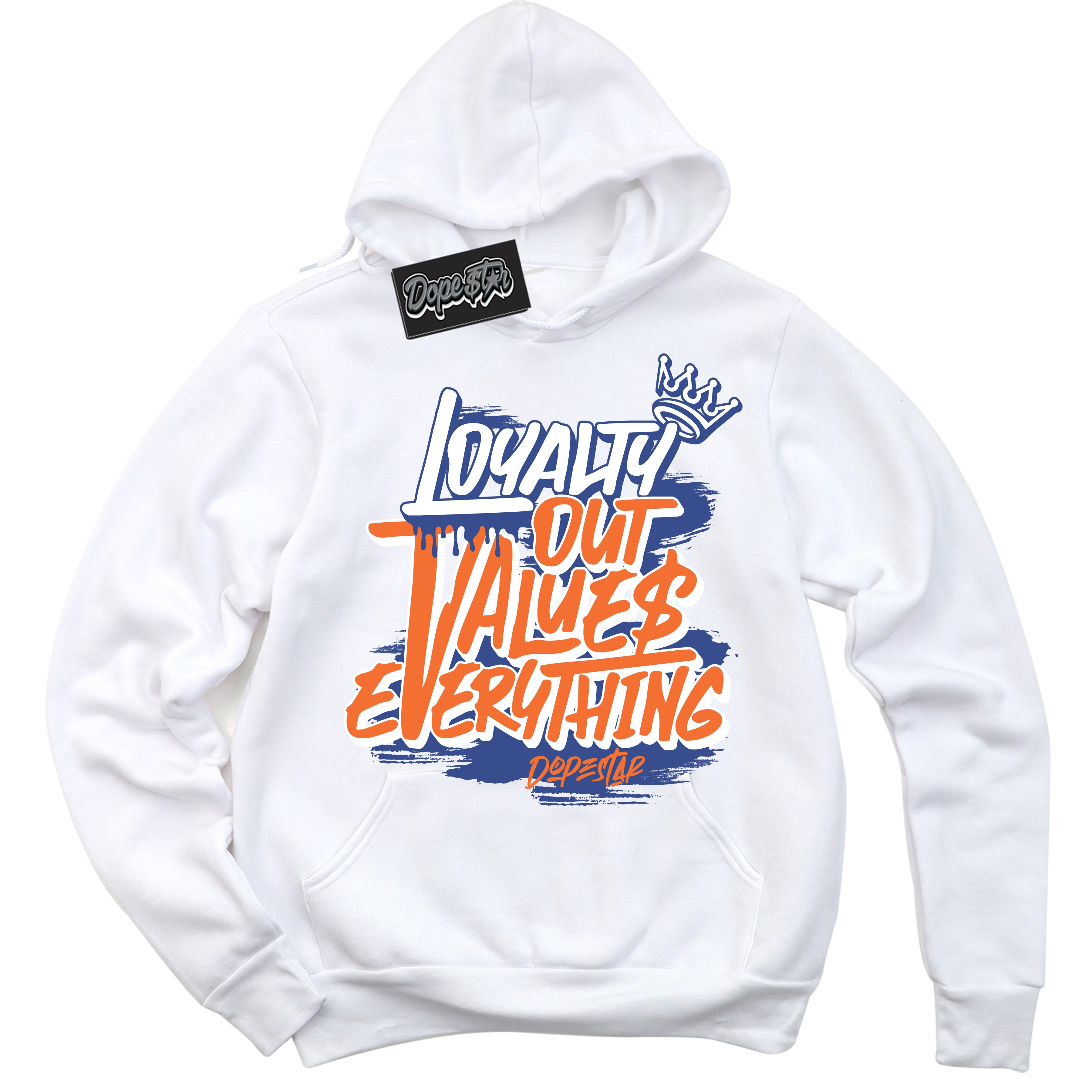 Cool White Hoodie with “ Loyalty Out Values Everything ” design that Perfectly Matches Low Knicks.