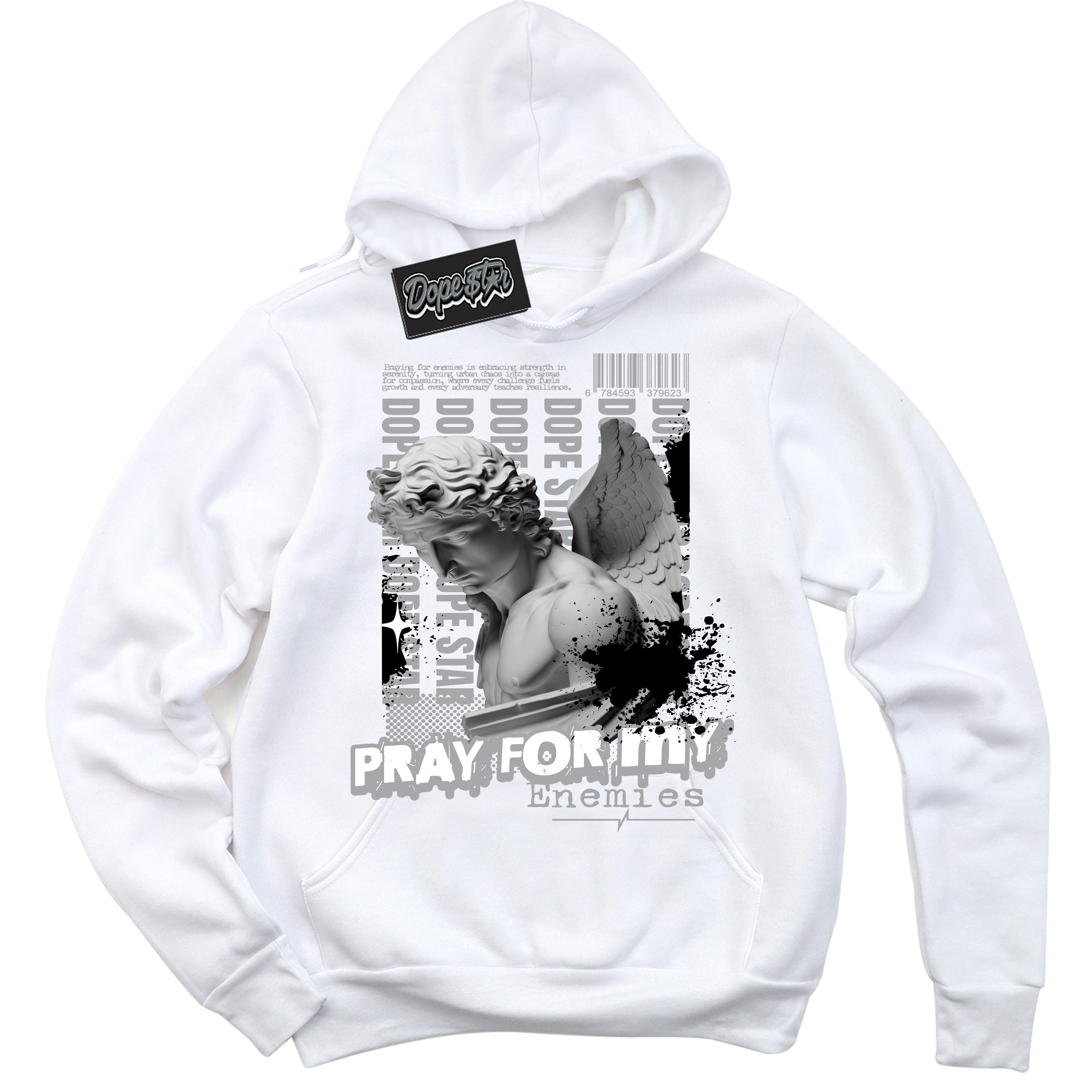 Cool White Hoodie with “ Pray Enemies ” design that Perfectly Matches Lottery Pack Grey Fog Sneakers.