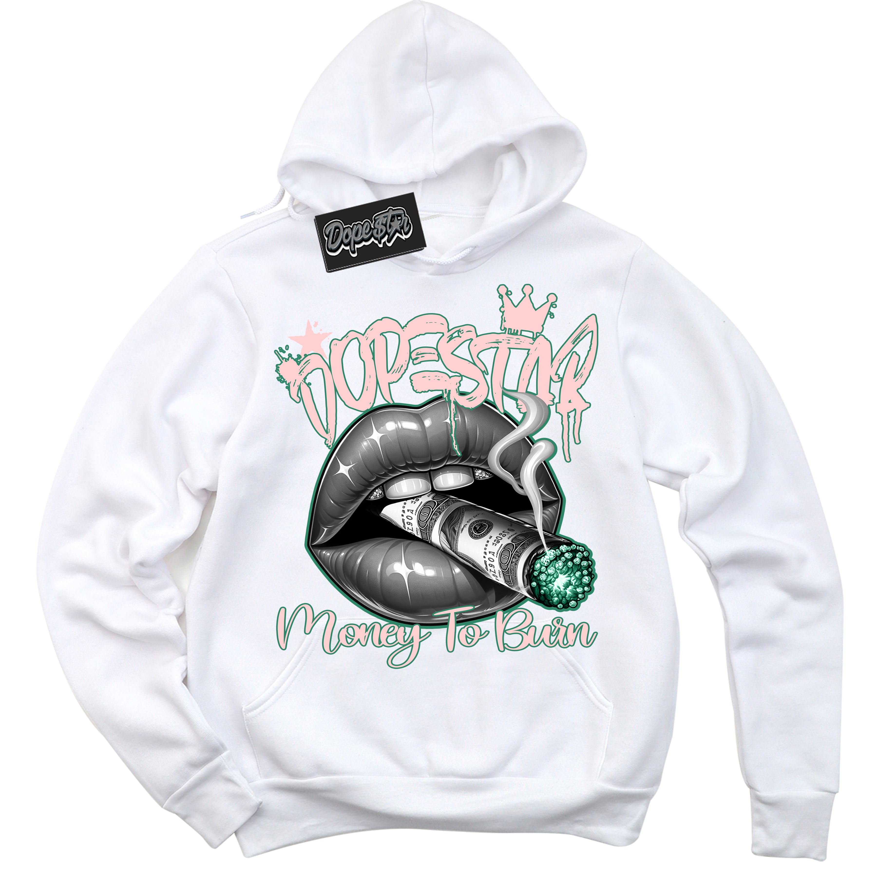 Cool White Hoodie with “ Money To Burn ” design that Perfectly Matches Malachite Sneakers.