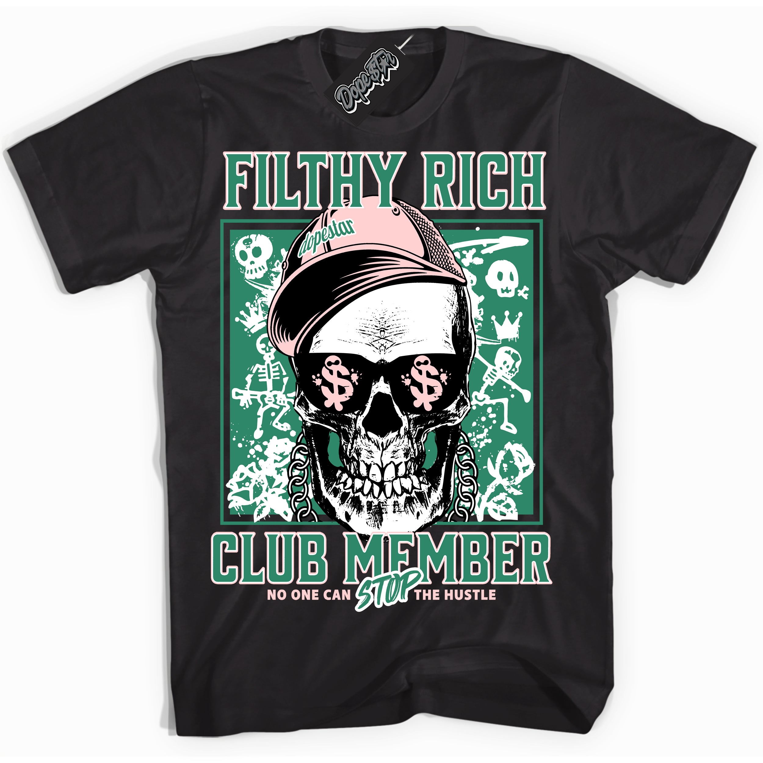 Cool Black Shirt with “ Filthy Rich” design that perfectly matches Malachite Dunk Sneakers.