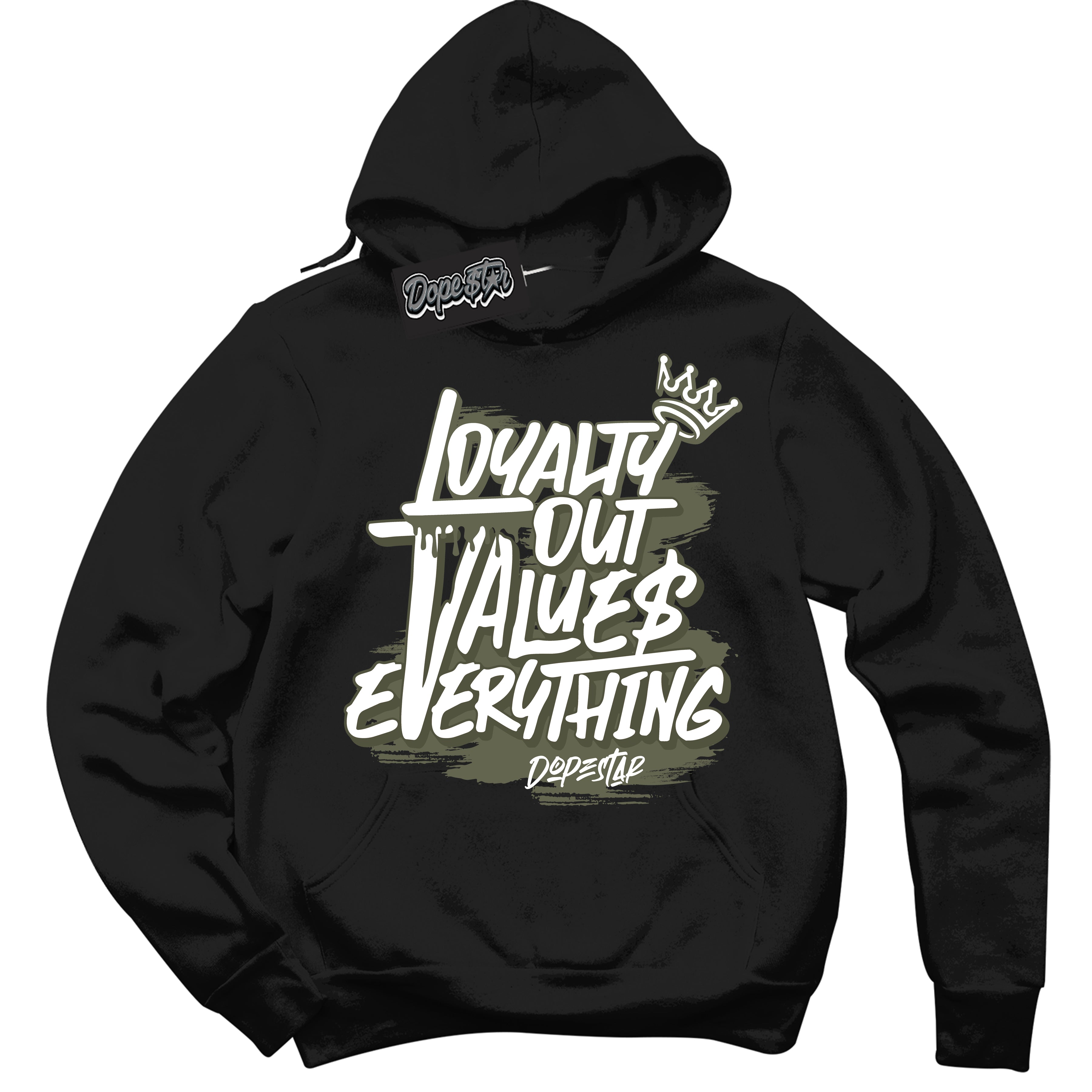 Cool Black Hoodie with “ Loyalty Out Values Everything ” design that Perfectly Matches Olive Sneakers.
