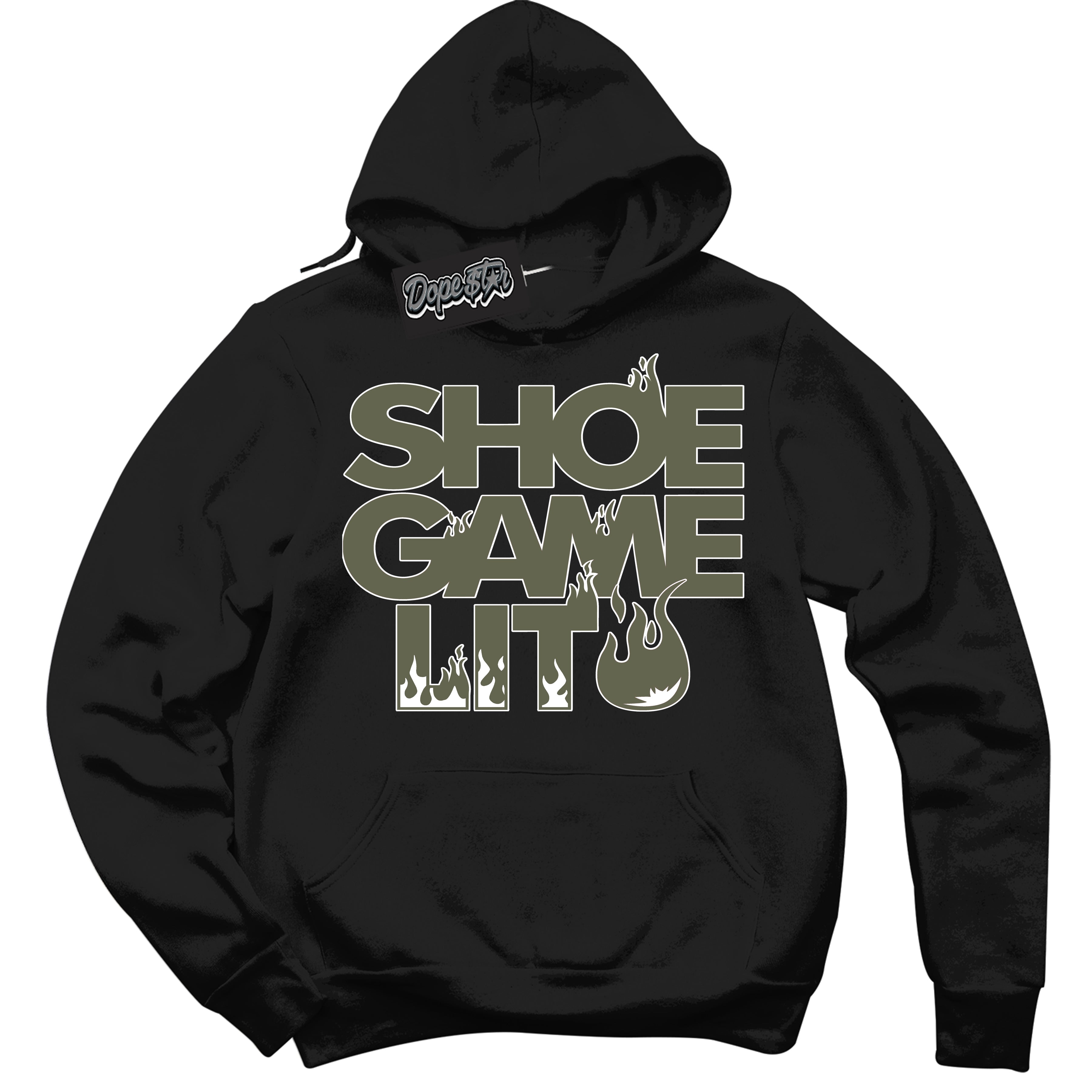 Cool Black Hoodie with “ Shoe Game Lit ” design that Perfectly Matches Medium Olive Sneakers.