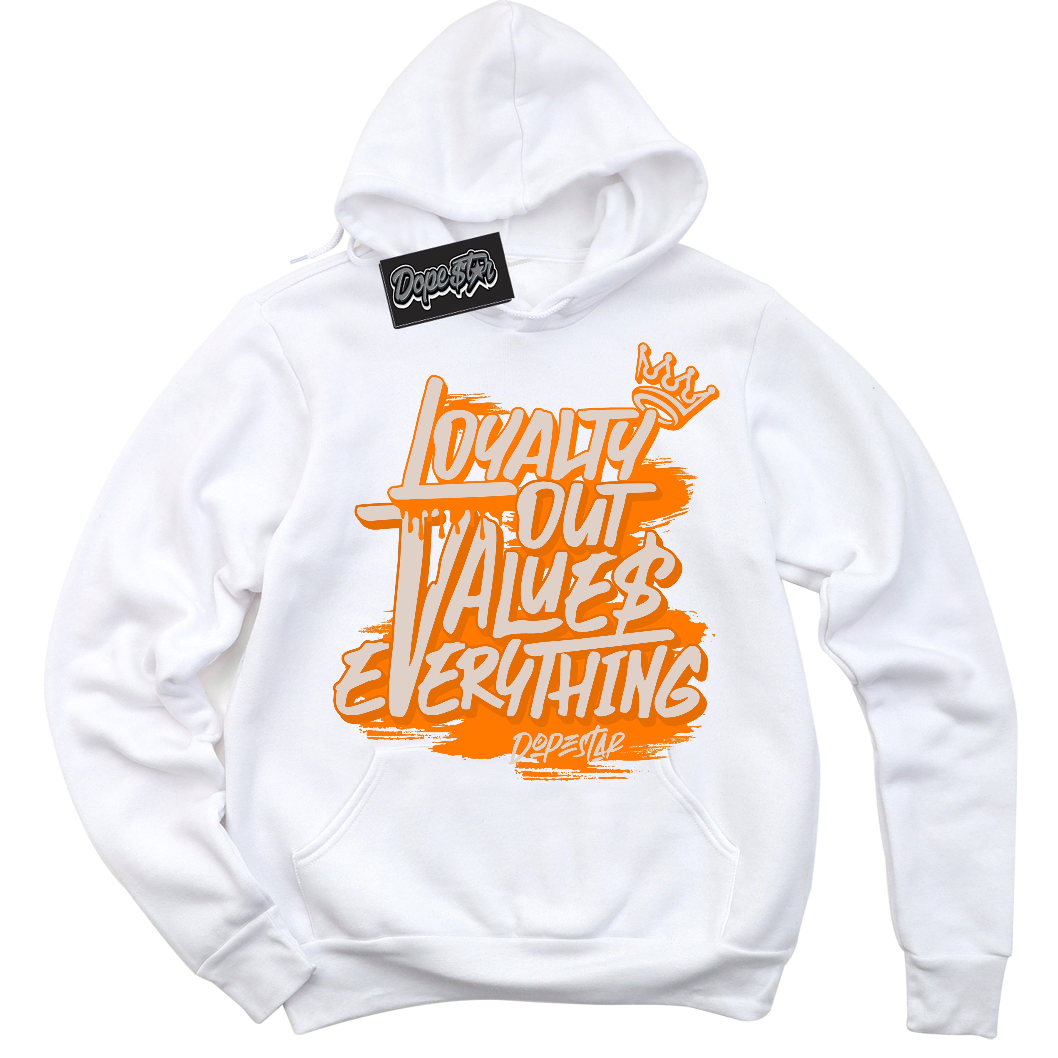 Cool White Hoodie with “ Loyalty Out Values Everything ” design that Perfectly Matches Peach Cream Sneakers.