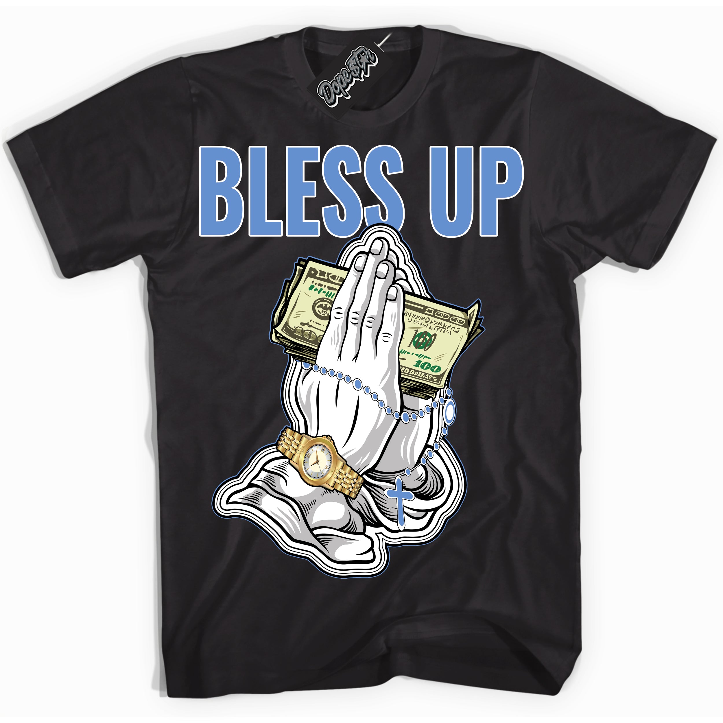 Cool Black Shirt with “ Bless Up ” design that perfectly matches Polar Blue Dunk.