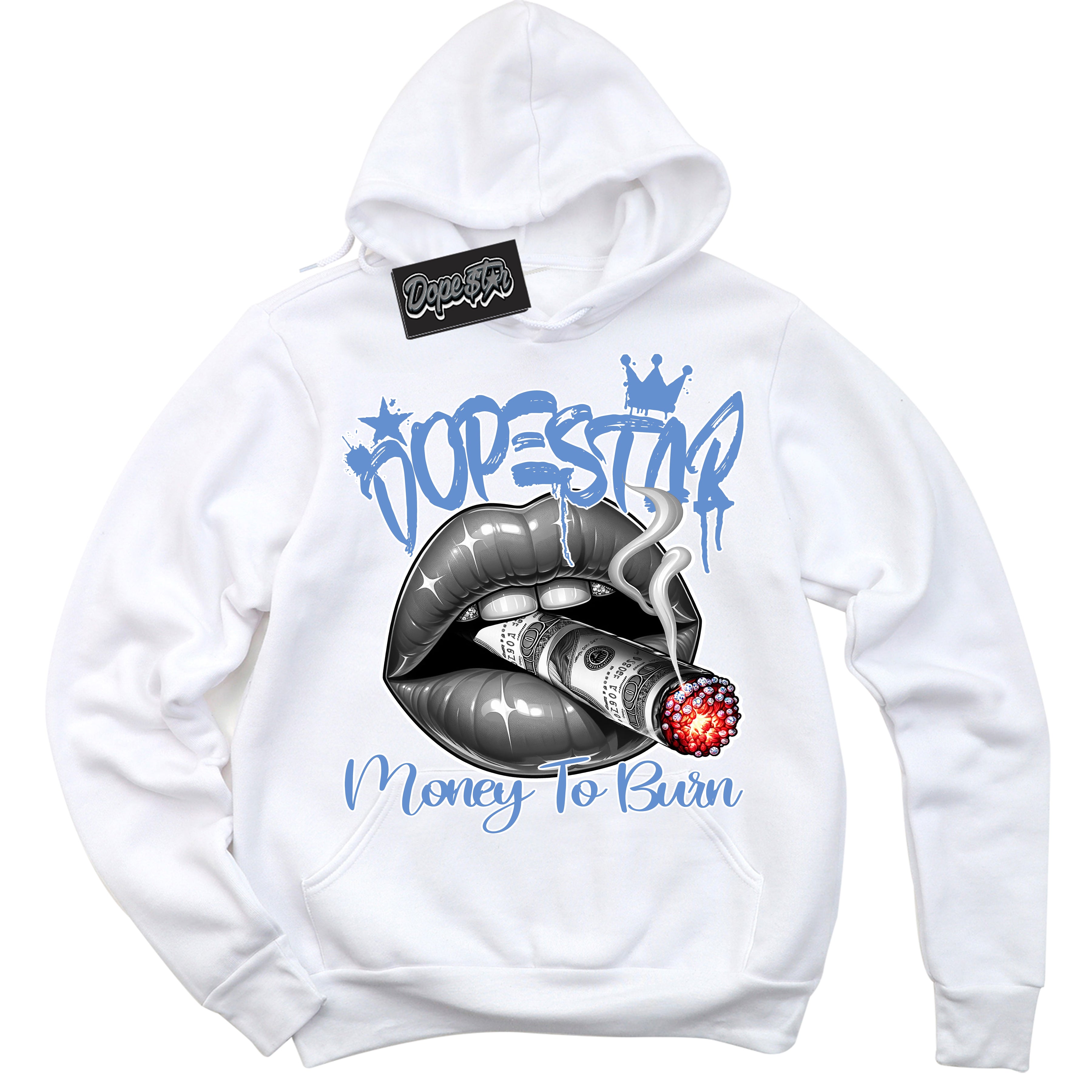 Cool White Hoodie with “ Money To Burn ” design that Perfectly Matches Polar Blue Dunk Sneakers.