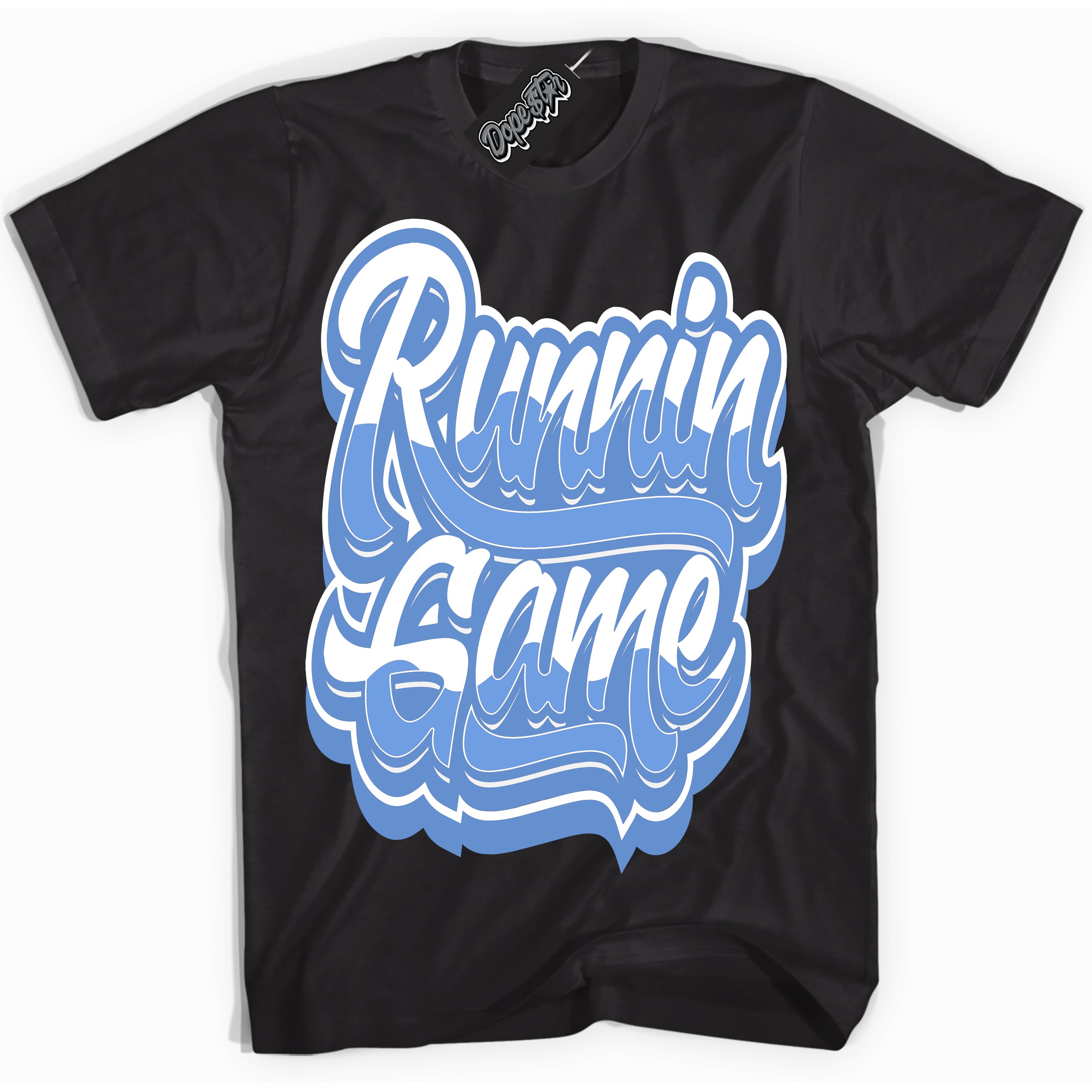 Cool Black Shirt with “ Running Game ” design that perfectly matches Polar Blue Dunk.