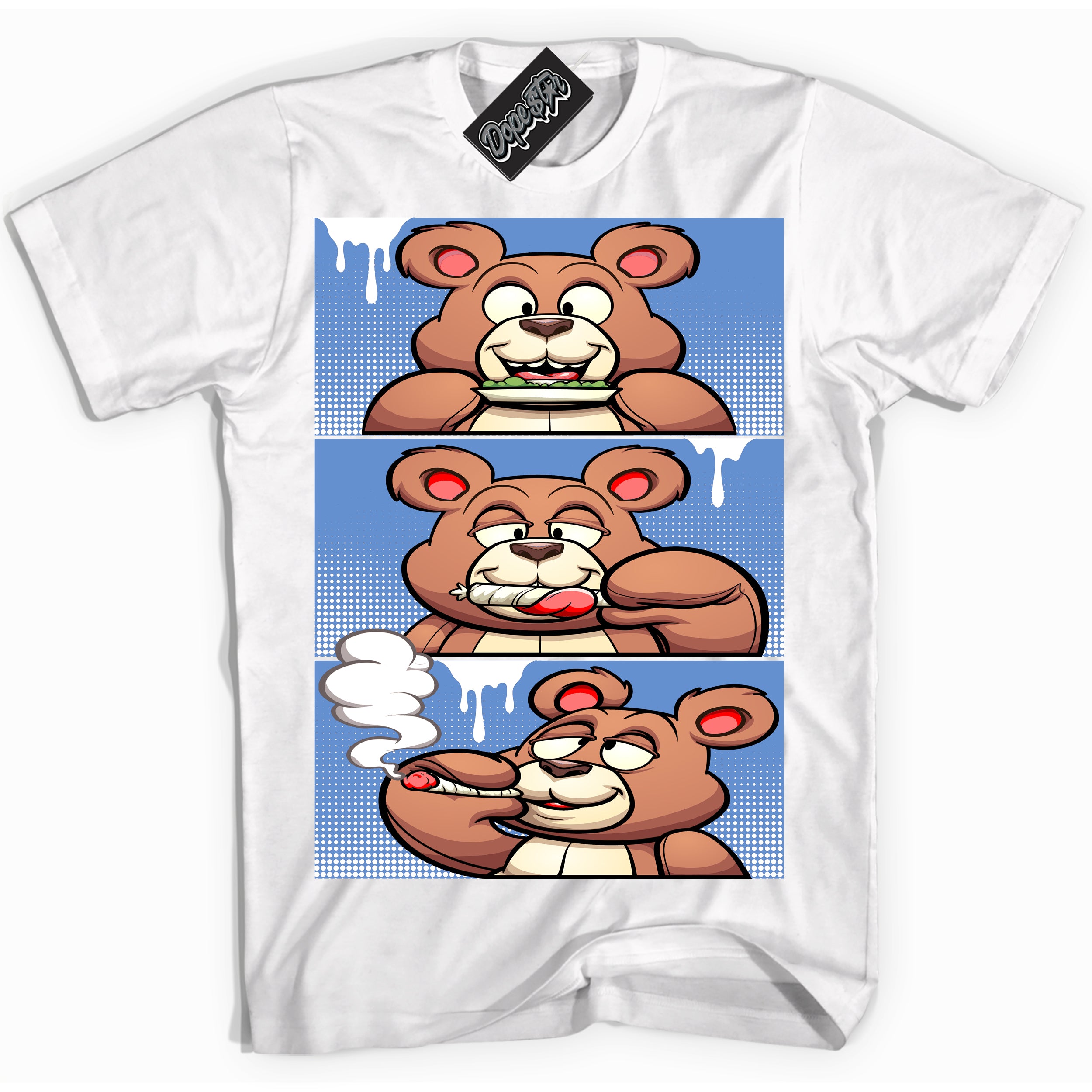 Cool White Shirt with “ Roll It Lick It Smoke It Bear ” design that perfectly matches Polar Blue Dunk.