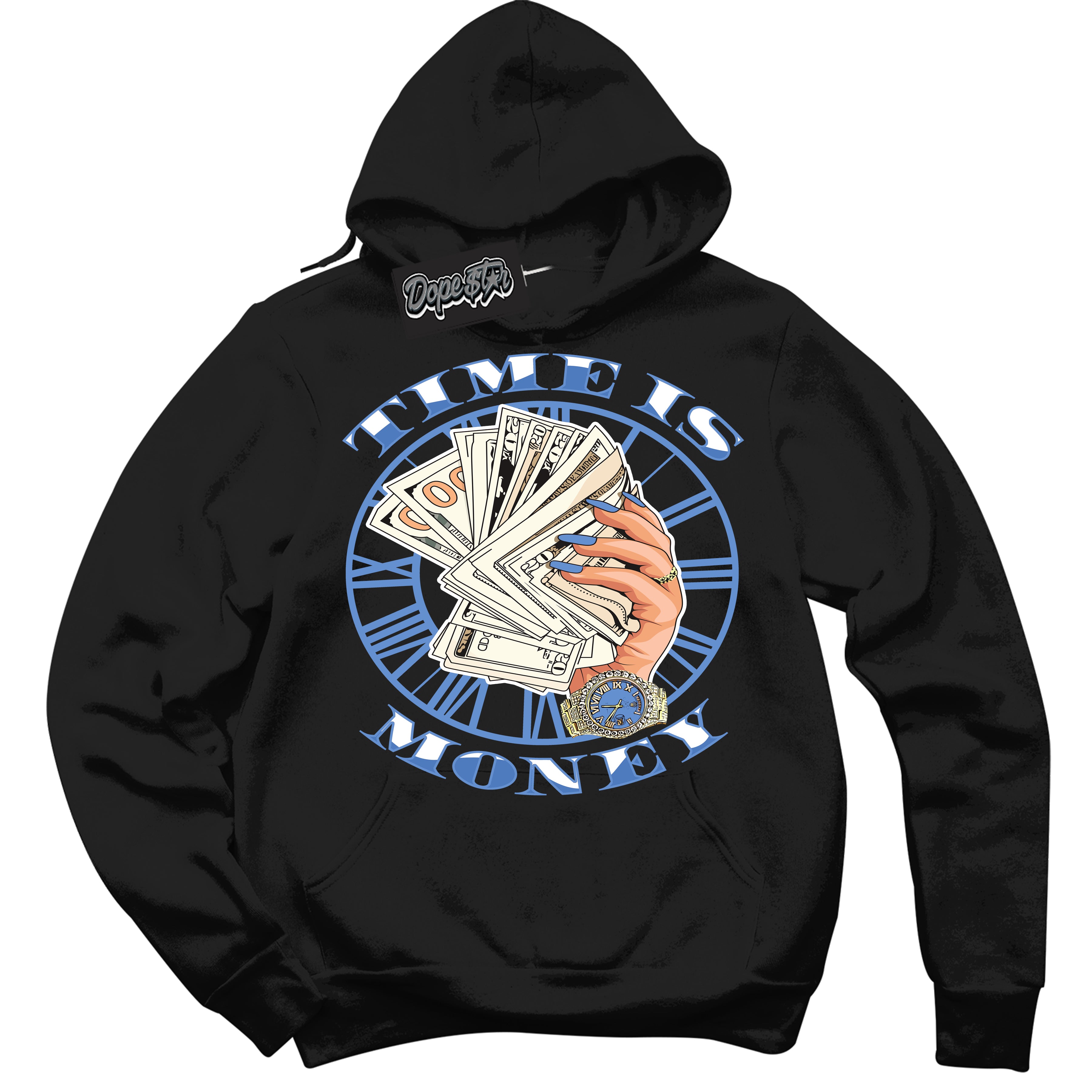 Cool Black Hoodie with “ Time Is Money ” design that Perfectly Matches Polar Blue Dunk.