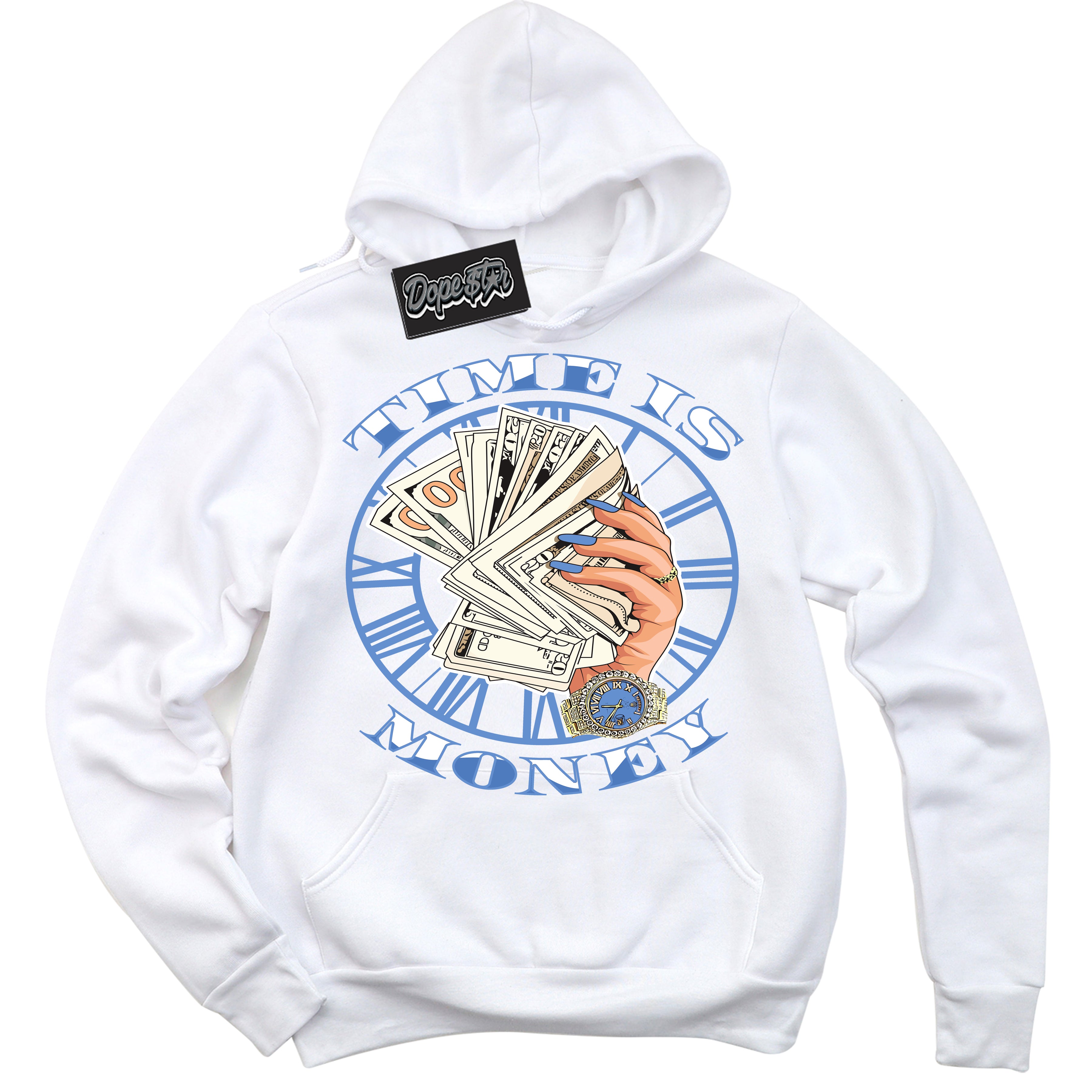 Cool White Hoodie with “ Time Is Money ” design that Perfectly Matches Polar Blue Dunk.