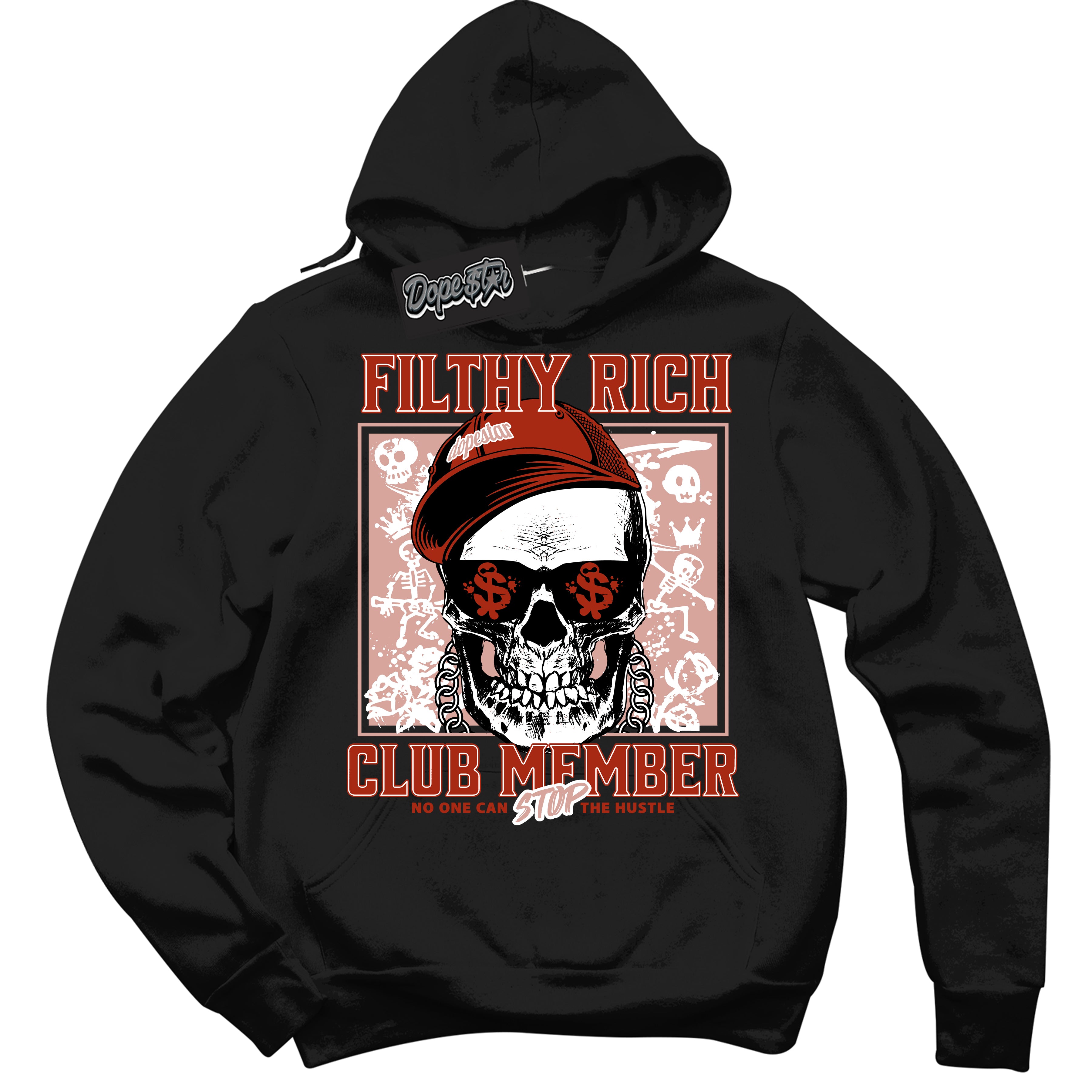 Cool Black Hoodie with “ Filthy Rich ” design that Perfectly Matches Red Stardust Dunk Sneakers.
