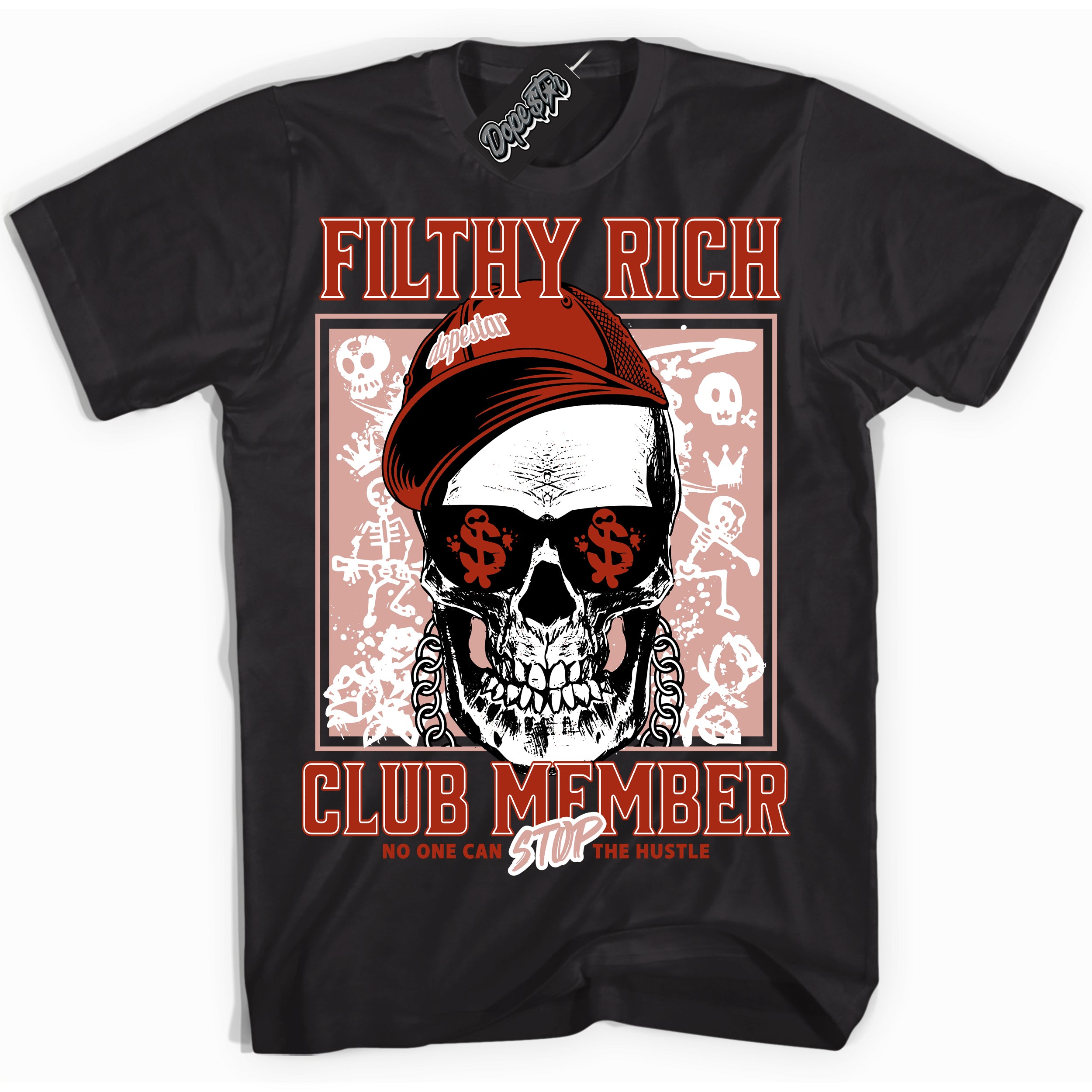 Cool Black Shirt with “ Filthy Rich” design that perfectly matches Red Stardust Dunk Sneakers.
