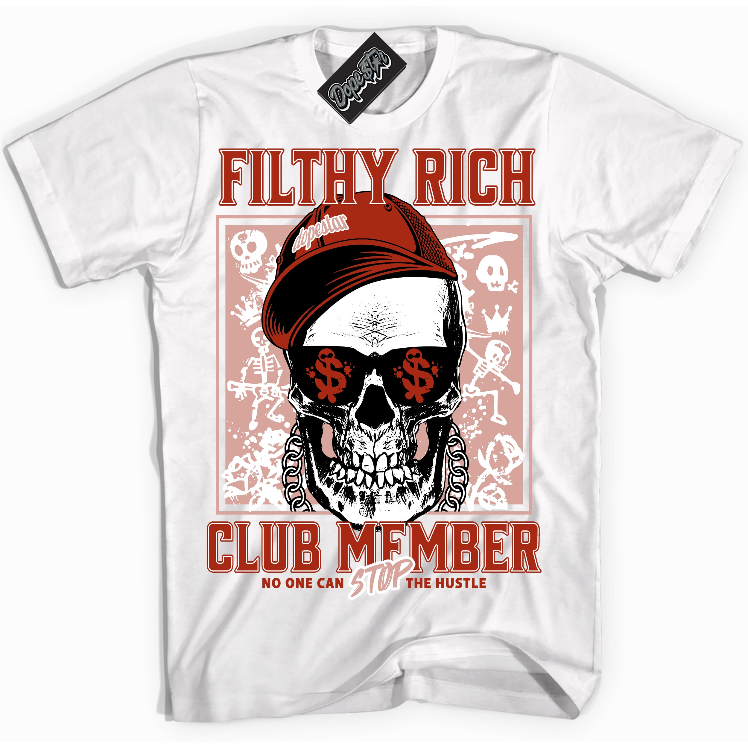 Cool White Shirt with “ Filthy Rich” design that perfectly matches Red Stardust Dunk Sneakers.