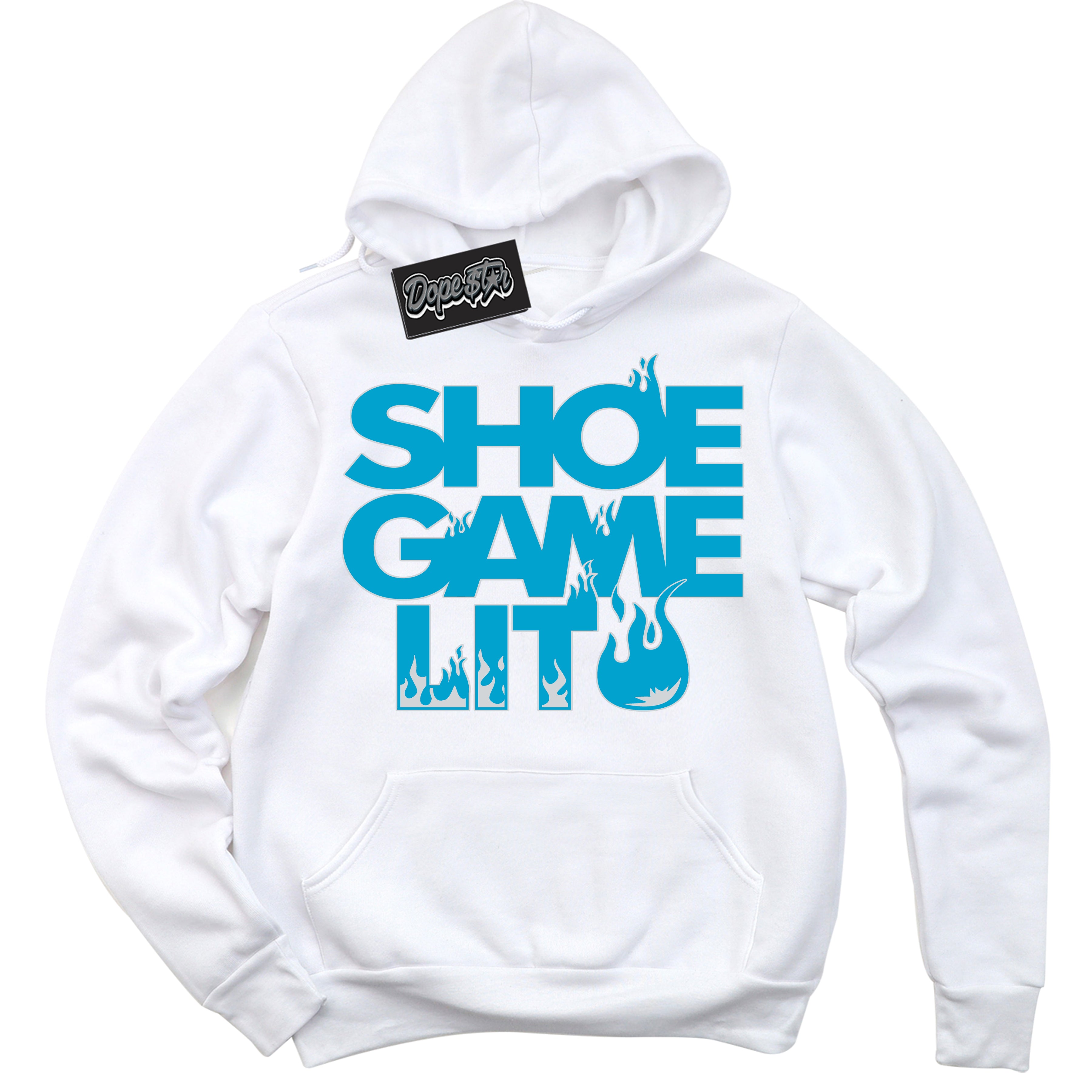 Cool White Hoodie with “ Shoe Game Lit '' design that Perfectly Matches Pure Platinum Blue Lightning Sneakers.