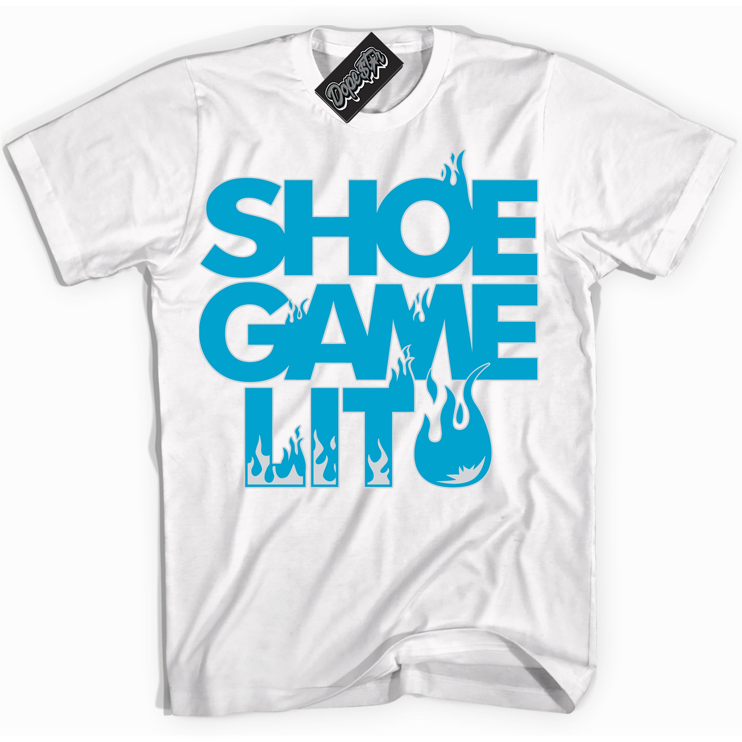 Cool White Shirt with “ Shoe Game Lit ” design that perfectly matches Pure Platinum Blue Lightning Sneakers.