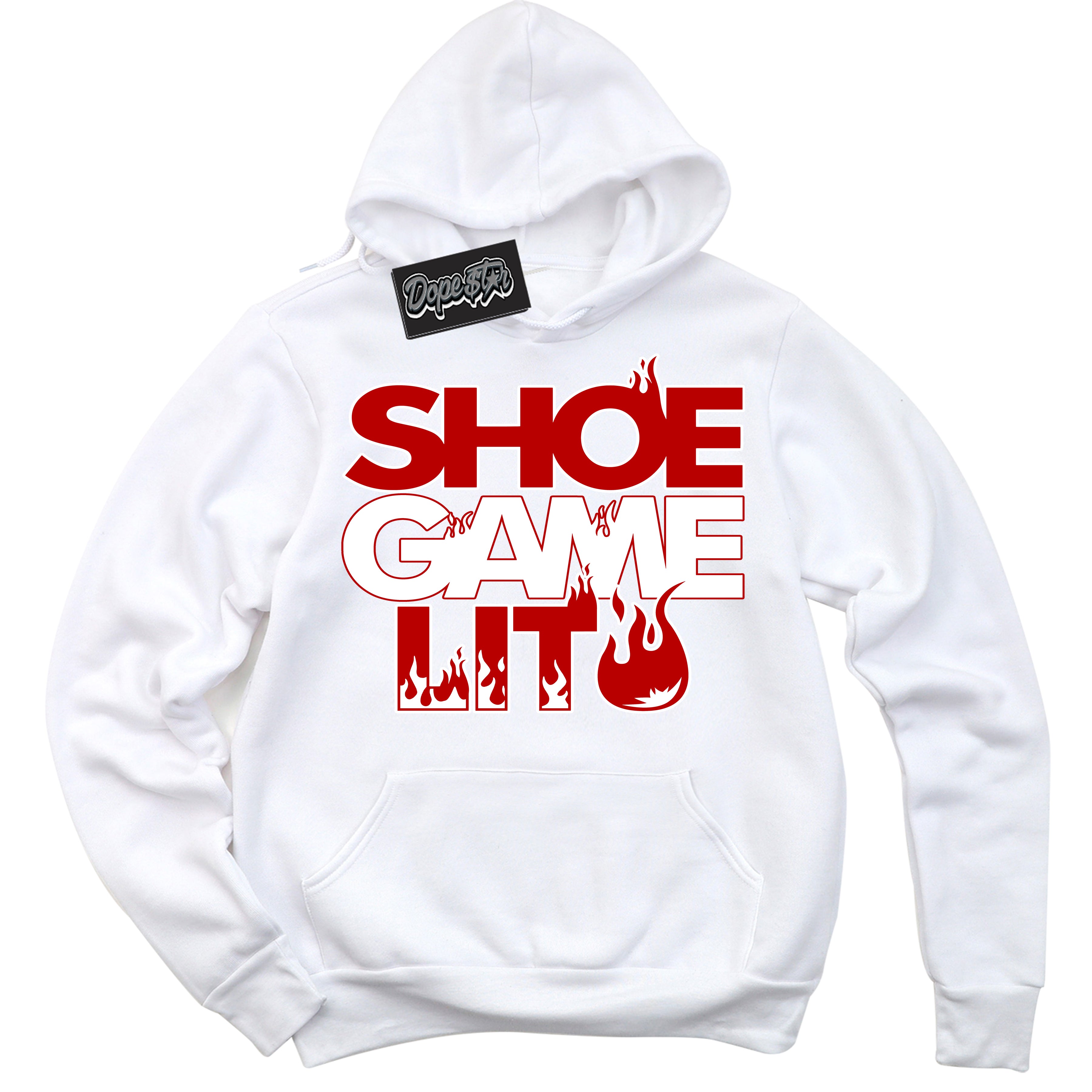 Cool White Hoodie with “ Shoe Game Lit '' design that Perfectly Matches White Picante Red Sneakers.