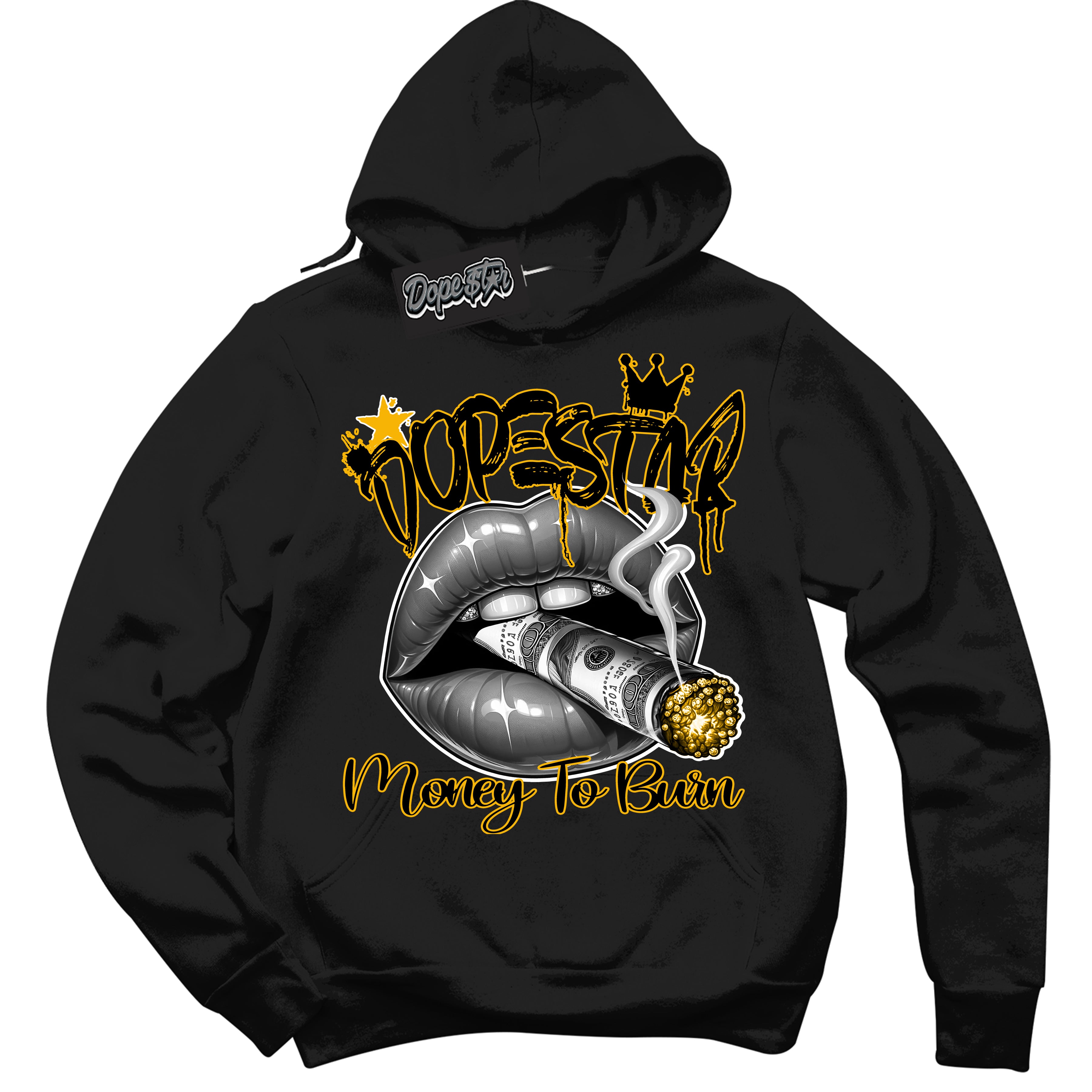 Cool Black Hoodie with “ Money To Burn ” design that Perfectly Matches Goldenrod Sneakers.