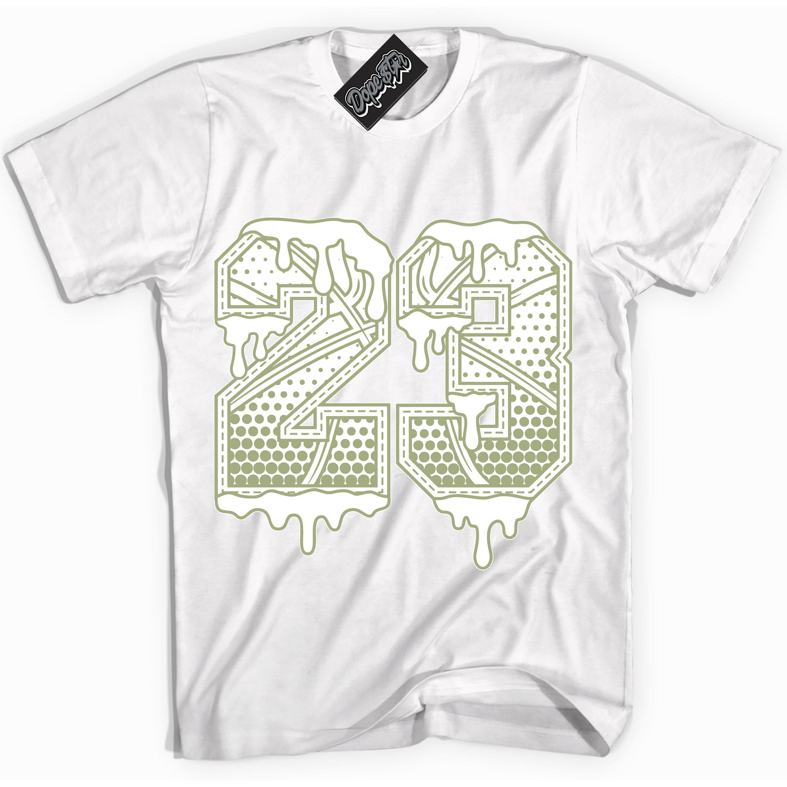 Cool White Shirt with “ 23 Ball ” design that perfectly matches Safari Oil Green Dunk.