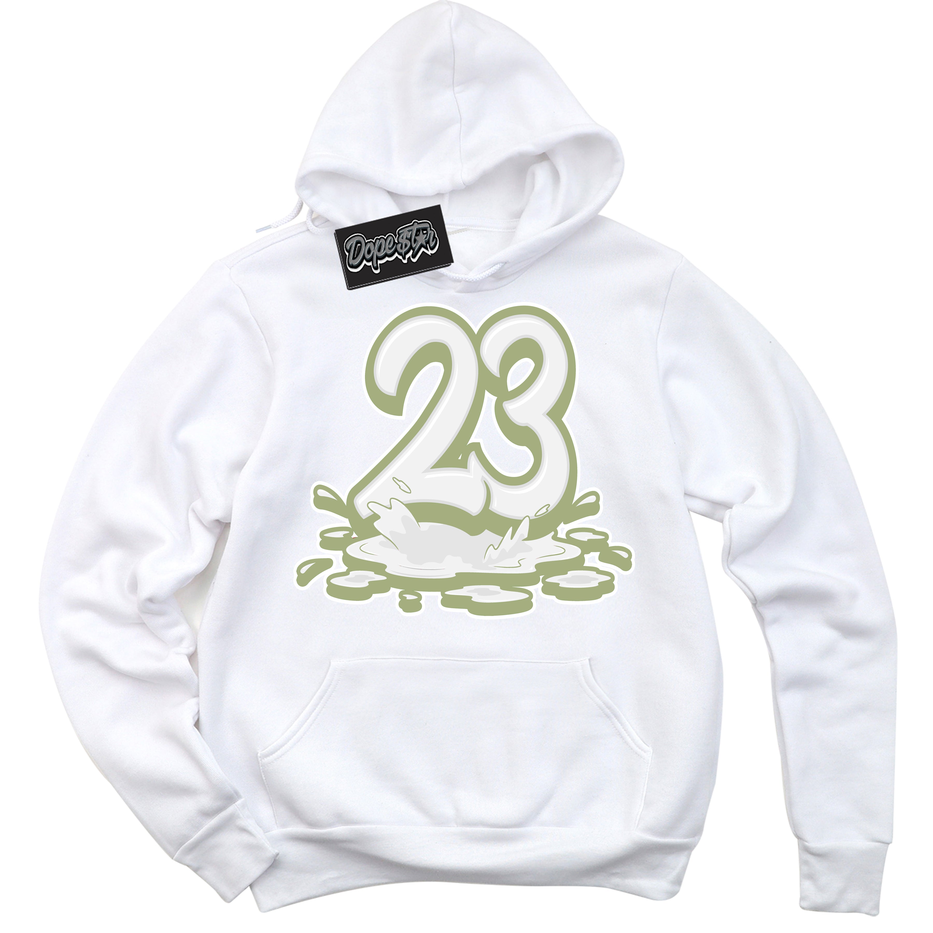 Cool White Hoodie with “ 23 Melting ” design that Perfectly Matches Safari Oil Green Dunk.