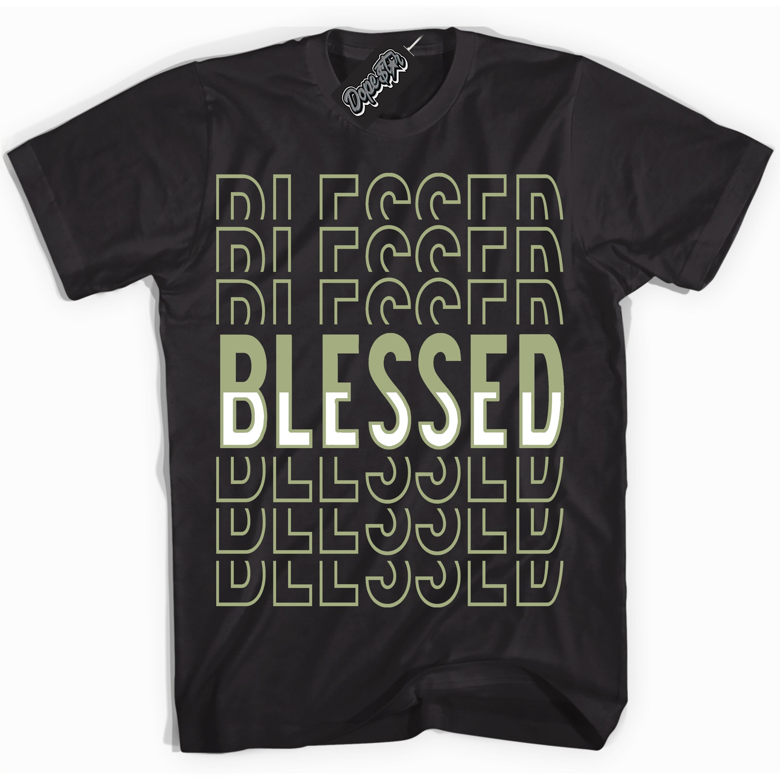Cool Black Shirt with “ Blessed Stacked ” design that perfectly matches Safari Oil Green Dunk.