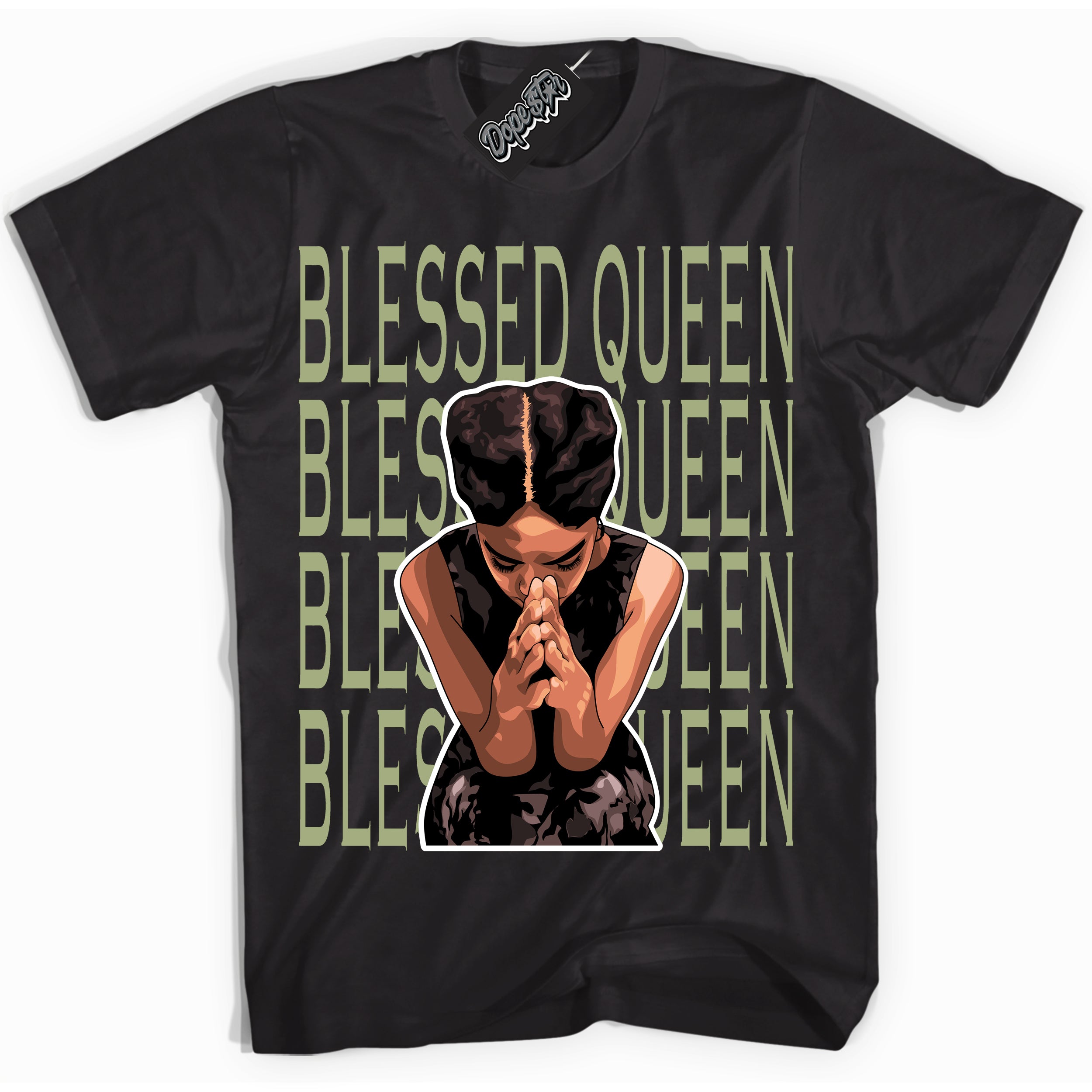 Cool Black Shirt with “ Blessed Queen ” design that perfectly matches Safari Oil Green Dunk.