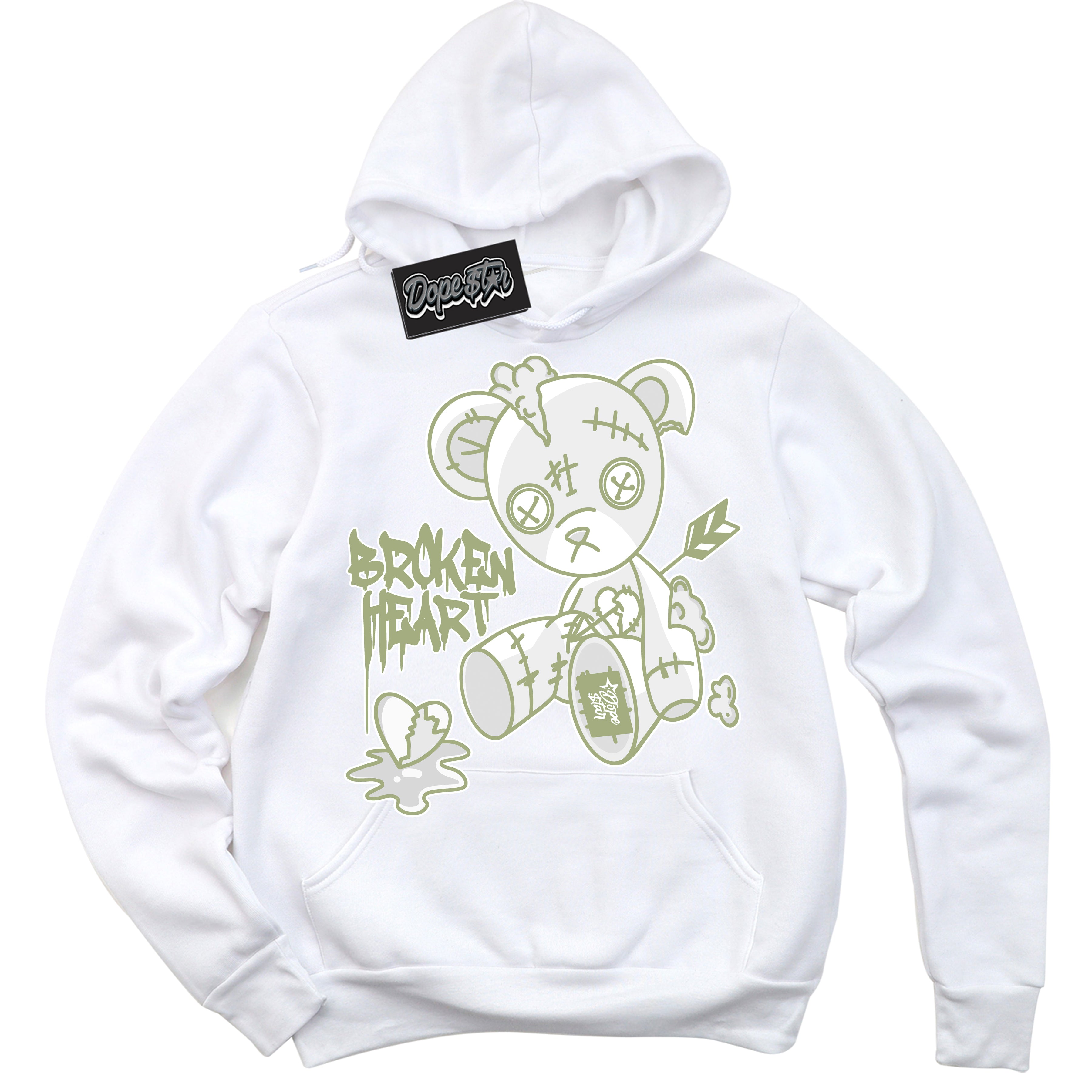 Cool White Hoodie with “ Broken Heart Bear ” design that Perfectly Matches Safari Oil Green Dunk.