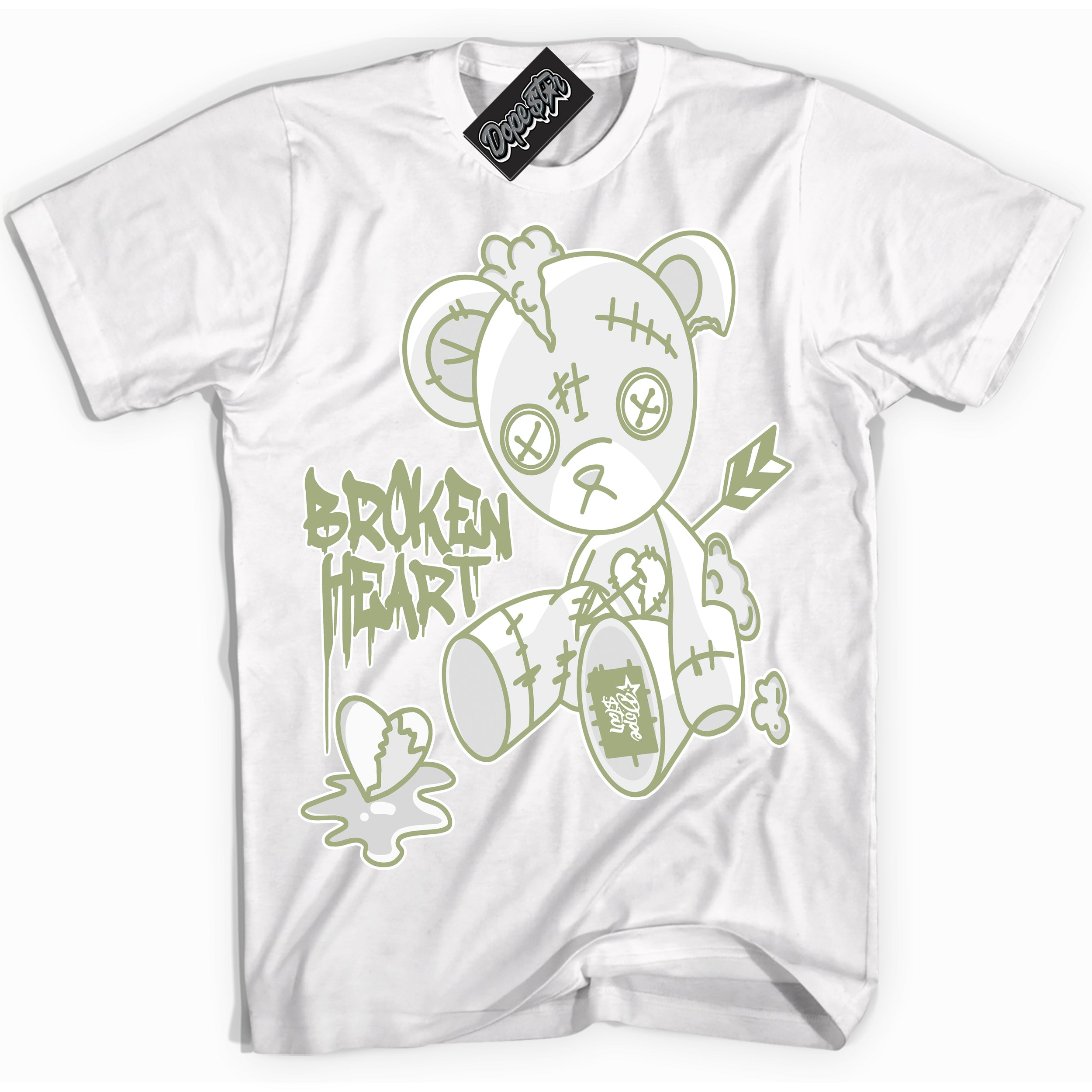 Cool White Shirt with “ Broken Heart Bear ” design that perfectly matches Safari Oil Green Dunk.