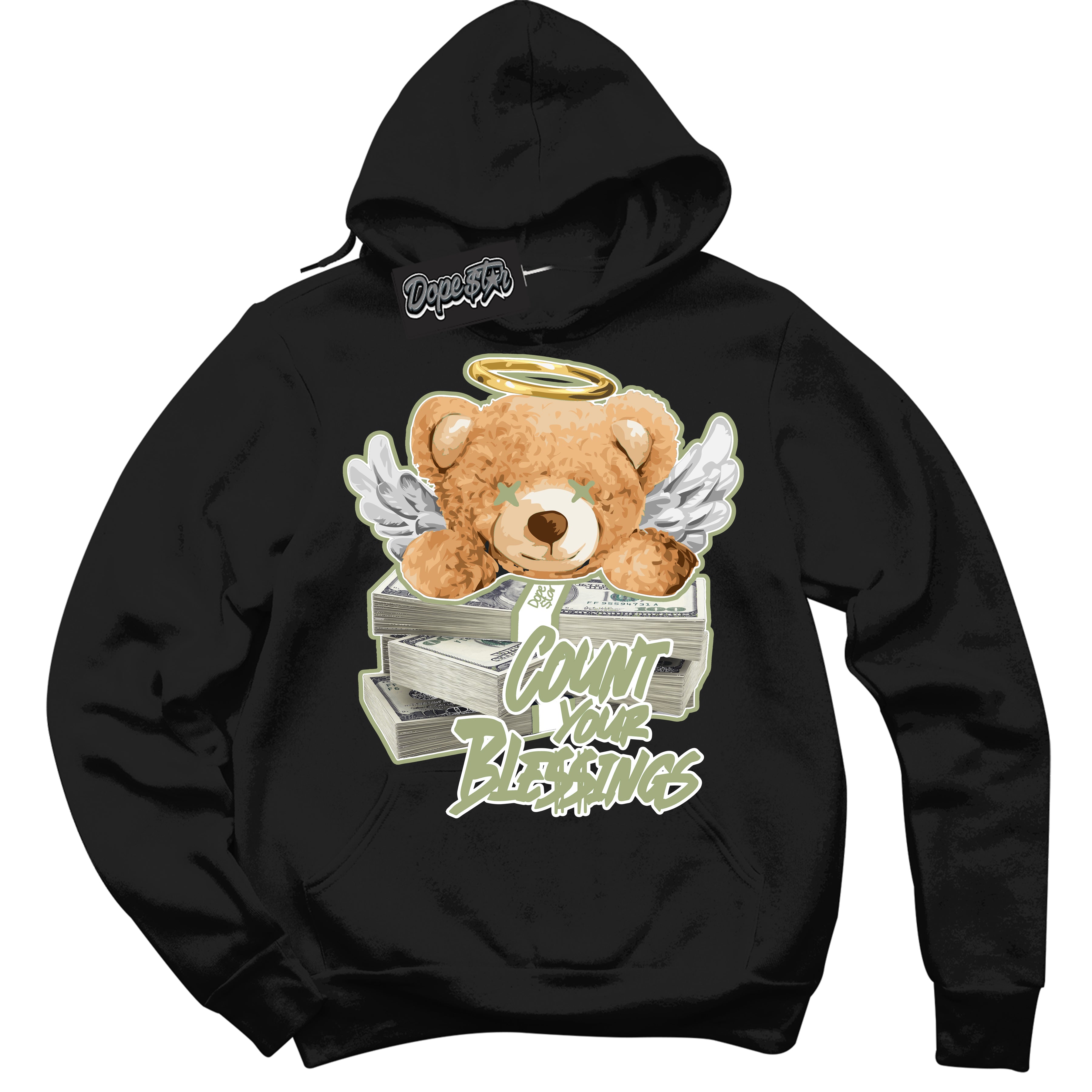 Cool Black Hoodie with “ Count Your Blessings ” design that Perfectly Matches Safari Oil Green Dunk.