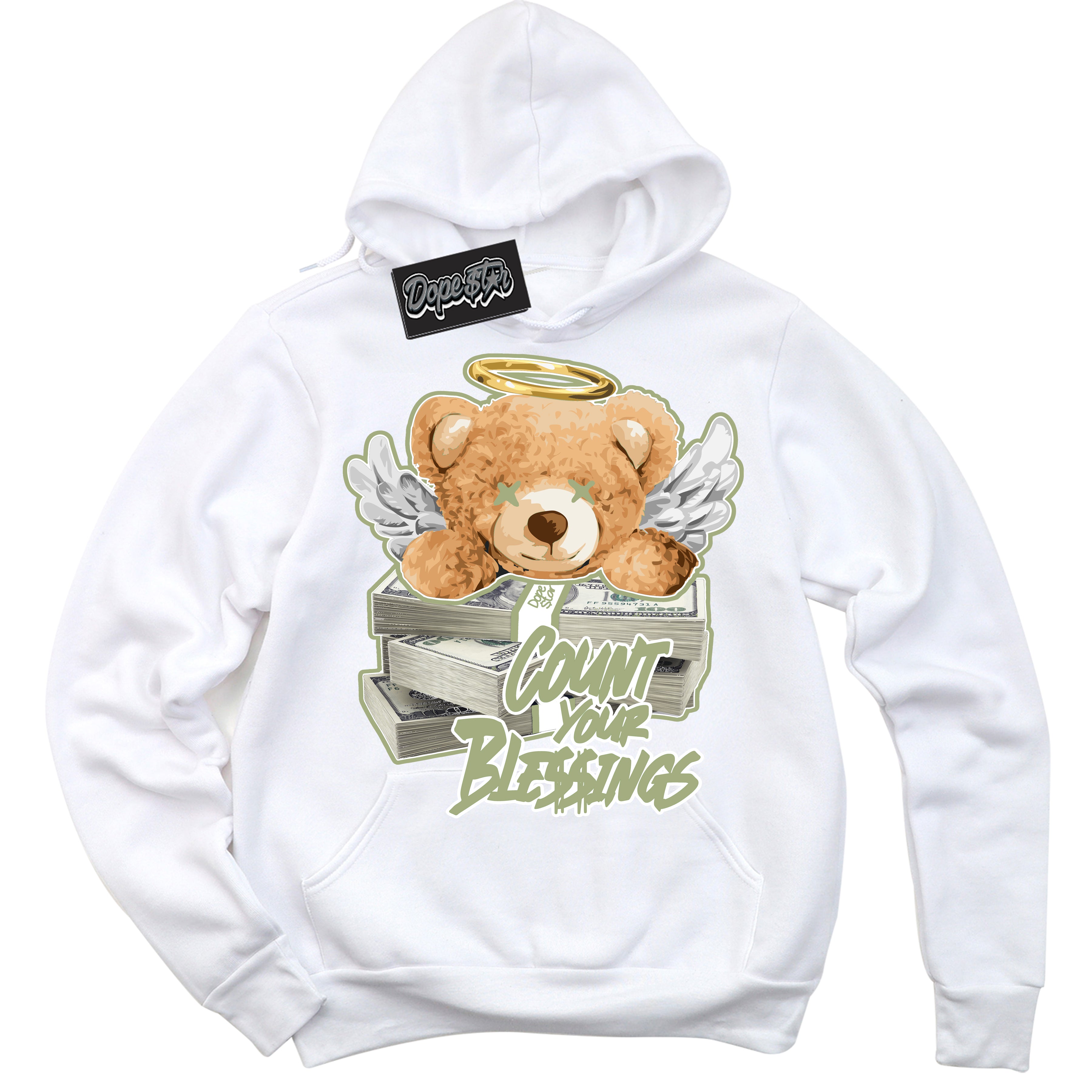 Cool White Hoodie with “ Count Your Blessings ” design that Perfectly Matches Safari Oil Green Dunk.