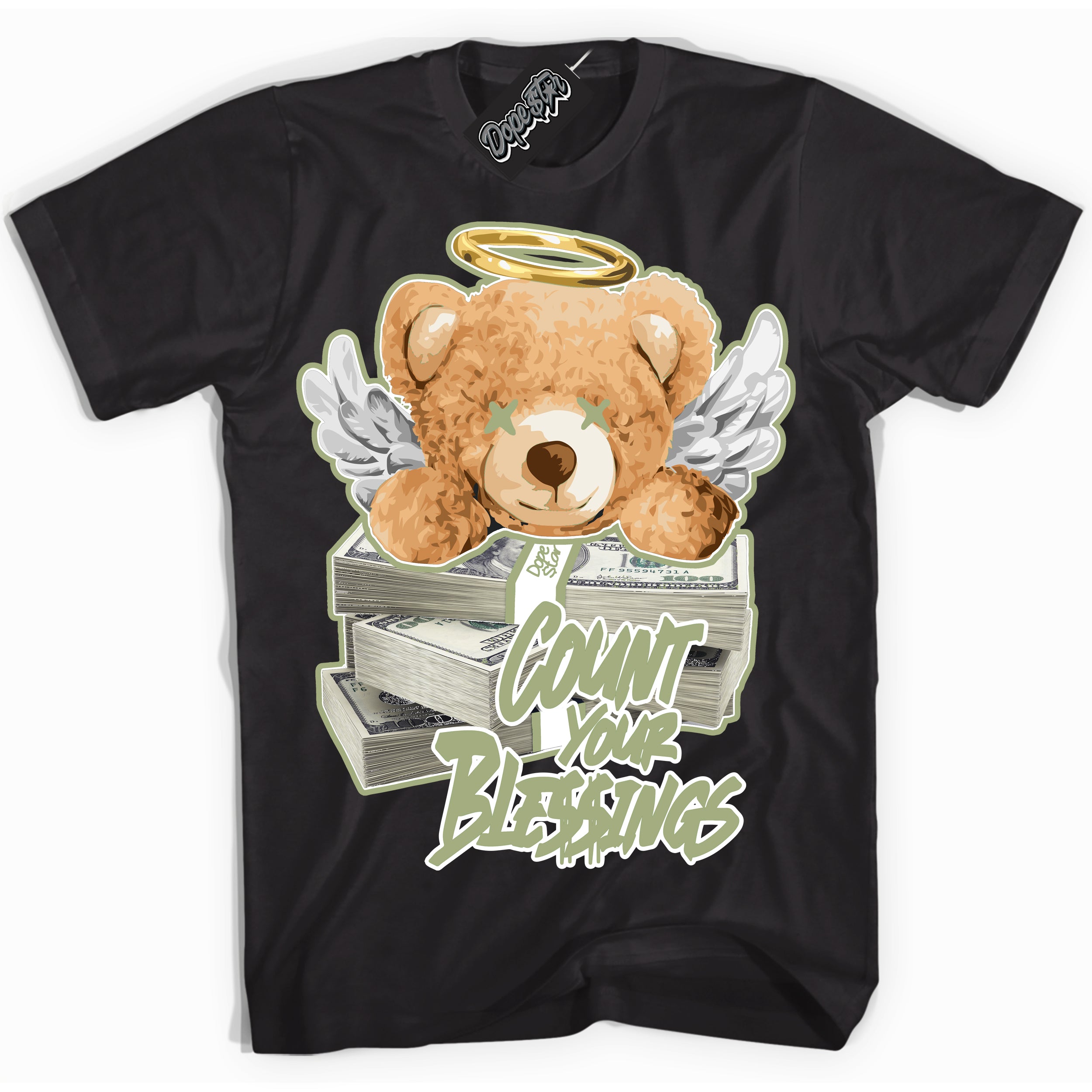 Cool Black Shirt with “ Count Your Blessings ” design that perfectly matches Safari Oil Green Dunk.