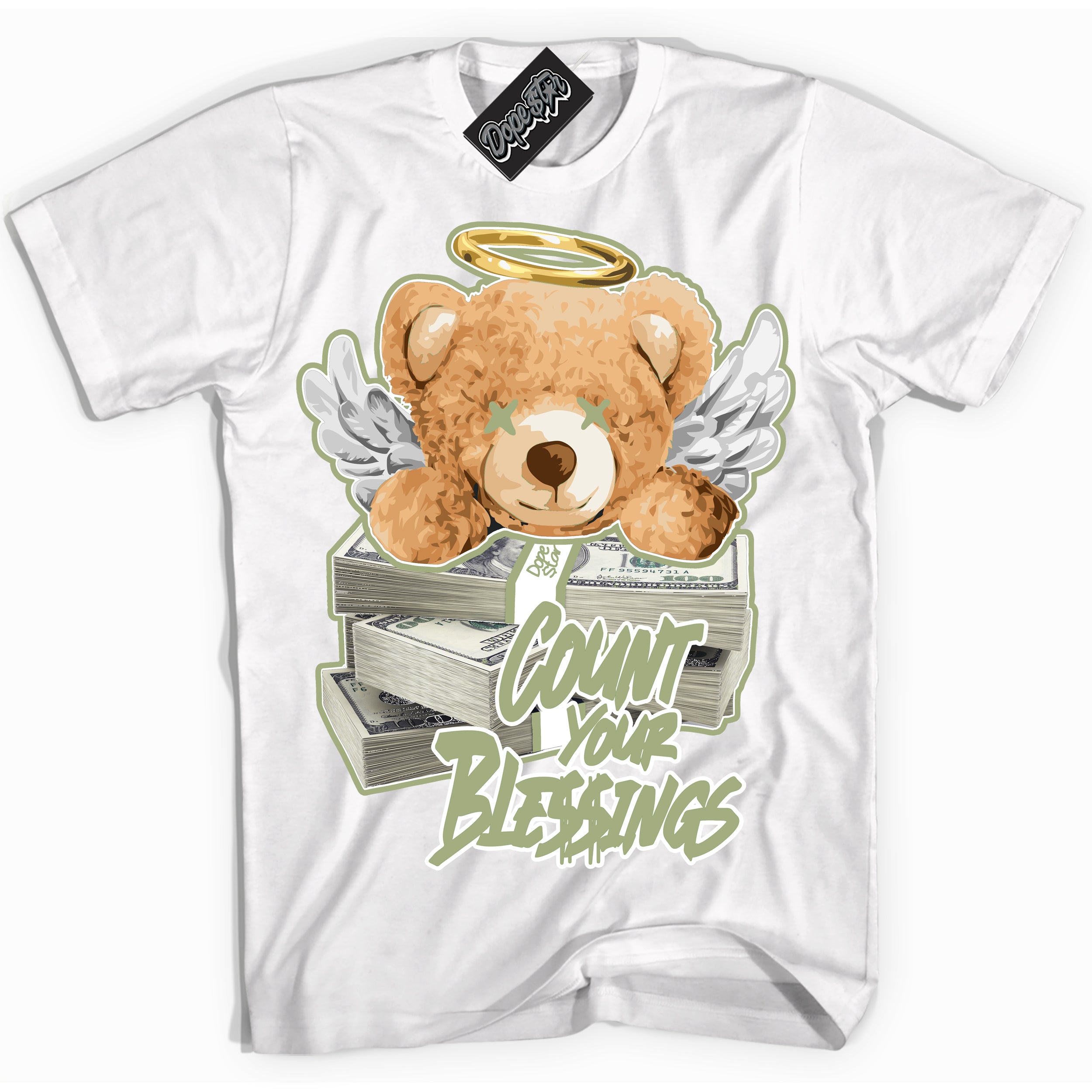 Cool White Shirt with “ Count Your Blessings ” design that perfectly matches Safari Oil Green Dunk.