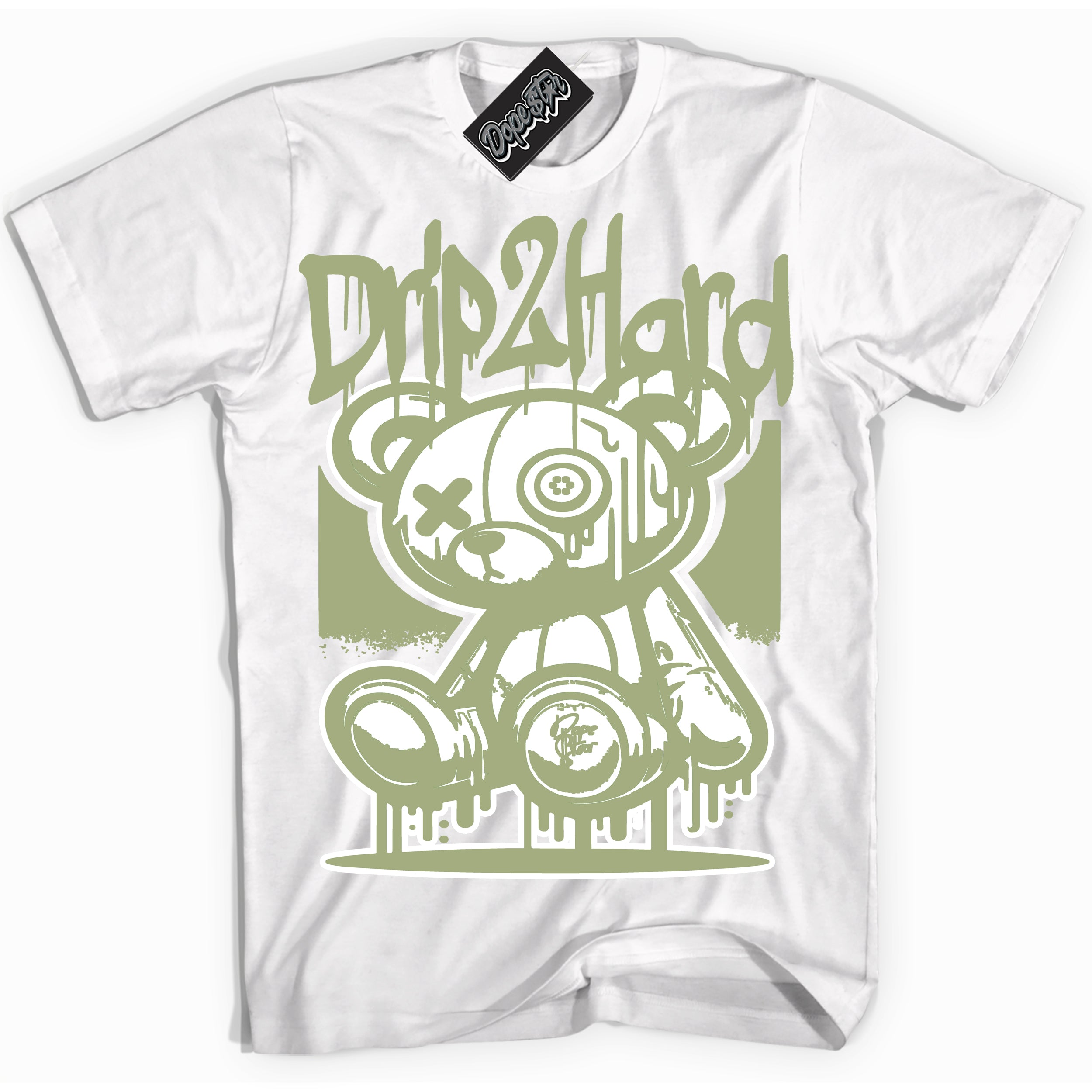 Cool White Shirt with “ Drip 2 Hard ” design that perfectly matches Safari Oil Green Dunk.
