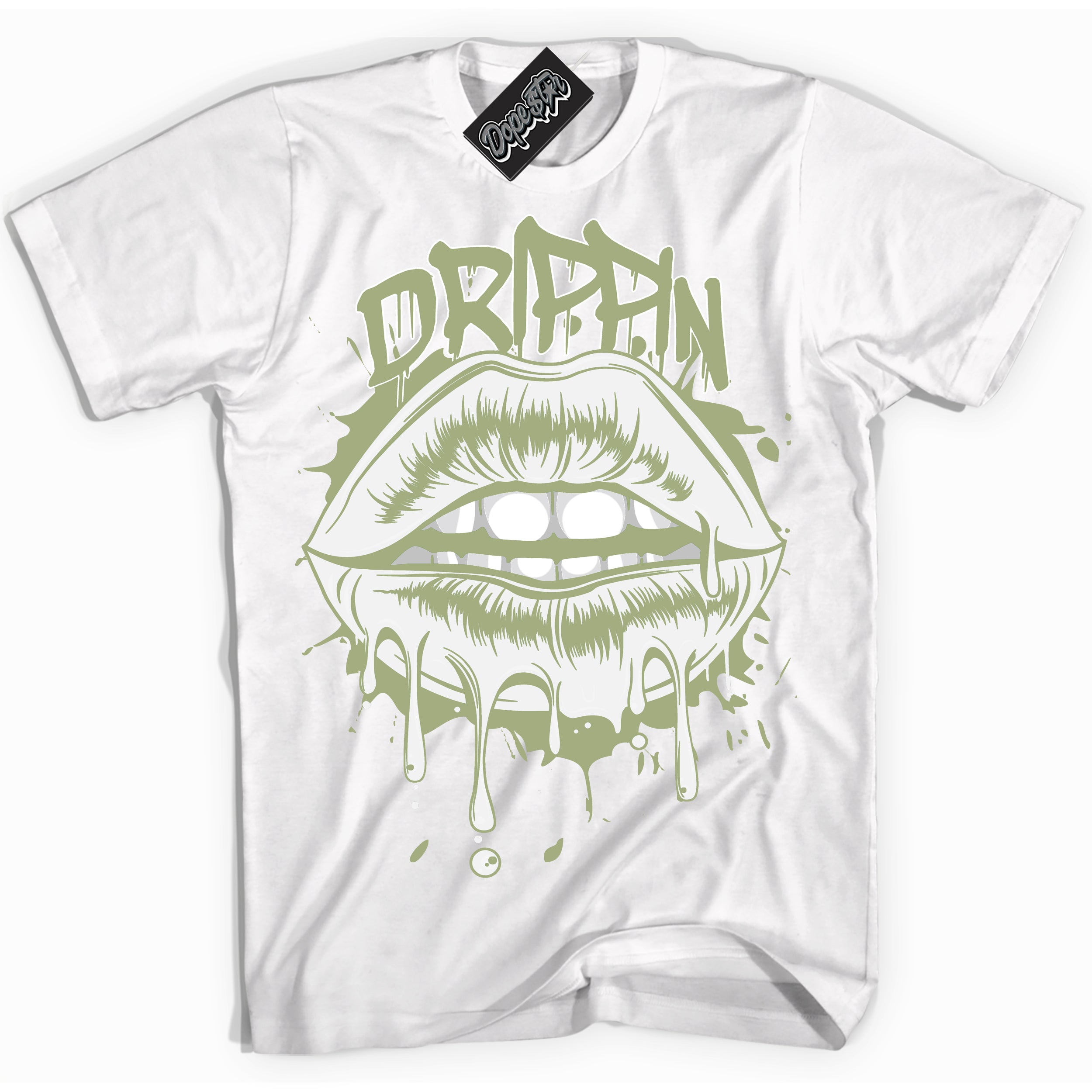 Cool White Shirt with “ Drippin ” design that perfectly matches Safari Oil Green Dunk.
